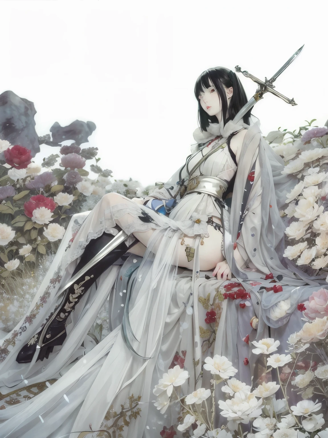painting of a pale slender woman with white hair hugging a long sword in a white thin dress sitting on a bed of flowers, style of yoshitaka amano, bastien yoshitaka amano, tsutomu nihei art, yoshitaka amano character design, inspired by Yoshitaka Amano, joao ruas, by Yoshitaka Amano, by Takeshi Obata