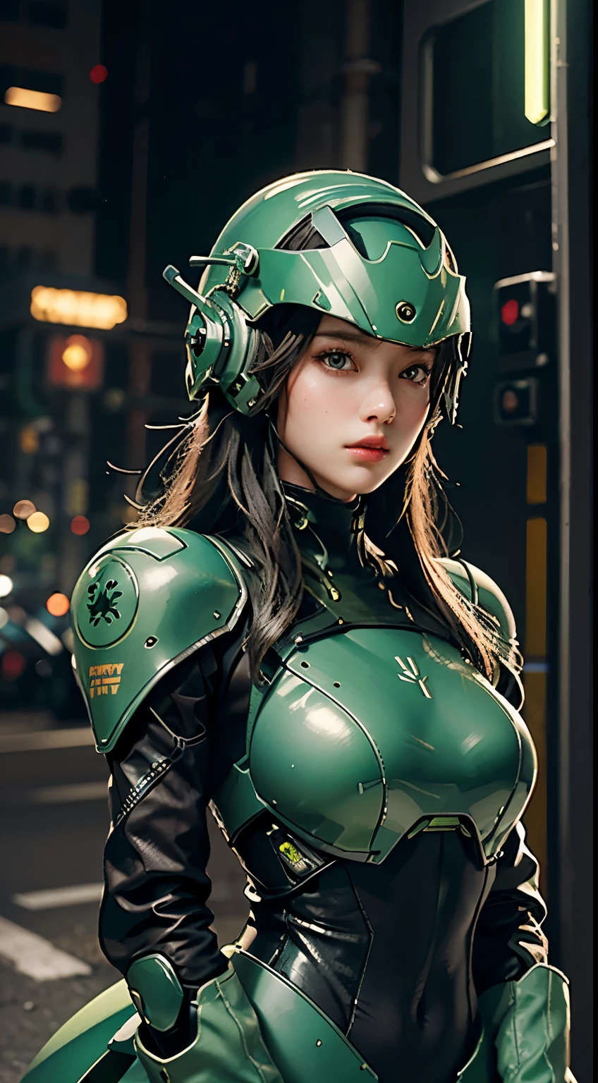 Highest image quality, Excellent details, ultra high resolution, (Reality: 1.4), best illustrations, Offer details, Highly concentrated 1girl, Has a delicate and beautiful face, Dressed in black and green mechs, wearing a mech helmet, holding direction, riding a motorcycle, Background futuristic city high tech lighting scene.