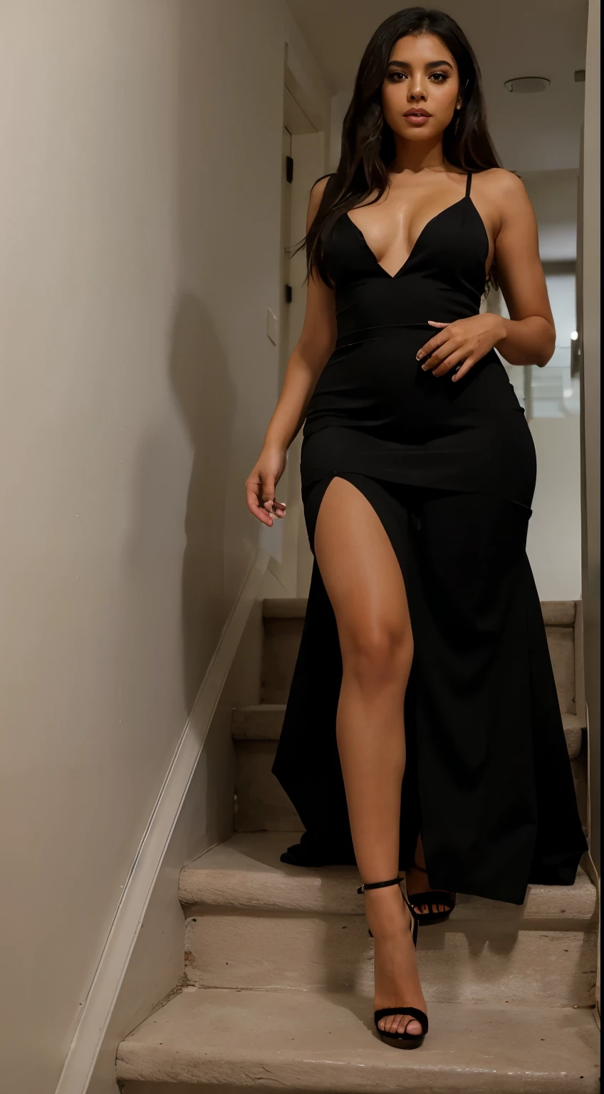 Sexy Latina getting ready walking down the stairs, wearing an stunning long black dress with high heels, full body shot 