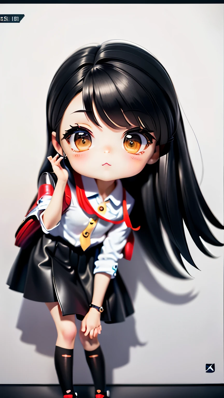 Blind box toy style,A cute little girl,cute face,black hair,White undershirt,jeanlat shoes