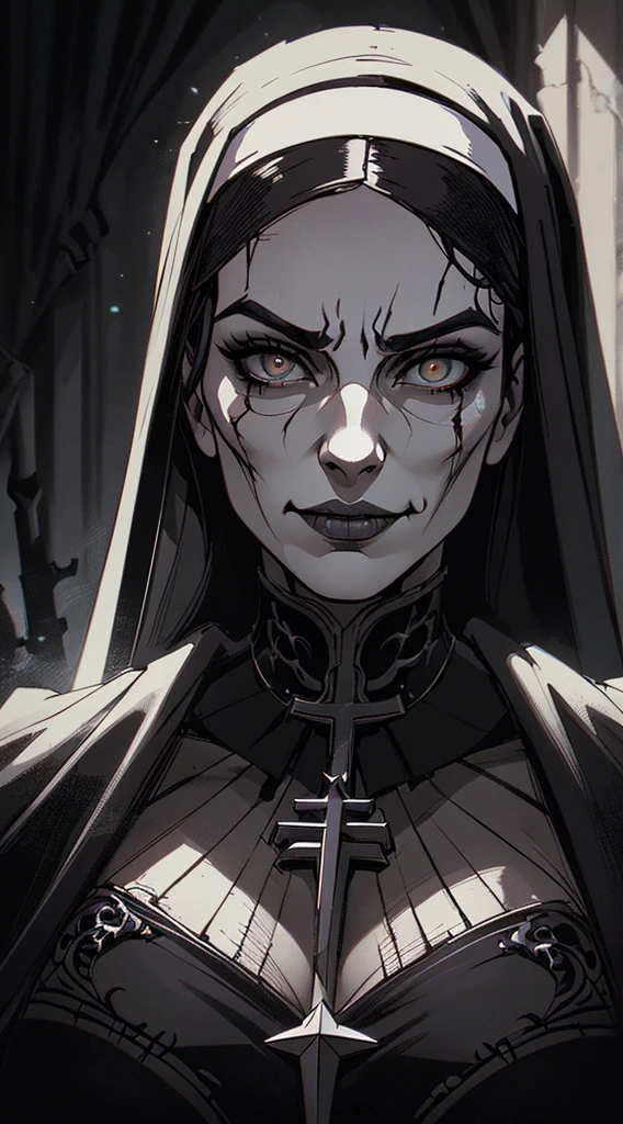 {-erro_de_anatomia:1.0} The Punisher, Nightmare before Christmas style, (masterpiece, best quality), (perfect hands), (hyper-realistic:1.6), (detailed face), (award-winning), (sharp), (8k resolution), (cinematic lighting), colors: dark and gloomy, (haunting), (intense expression), (detailed skull emblem), (eerie atmosphere), (comic book vibe),(gritty), (dramatic shadows), (dynamic pose), (ominous vibe), (artistically rendered), (sinister), (captivating), (gothic), (mysterious settinoody color palette), (expertly painted), (uneasy feeling), (intricate detailing), (sinister smile), (foreboding), (captivating eyes), (horror elements), (captivating composition), (impressive anatomy),(striking contrast), (foreboding mood), (exquisite craftsmanship), (intriguing character design), (nun), classic nun wear, brown eyes,