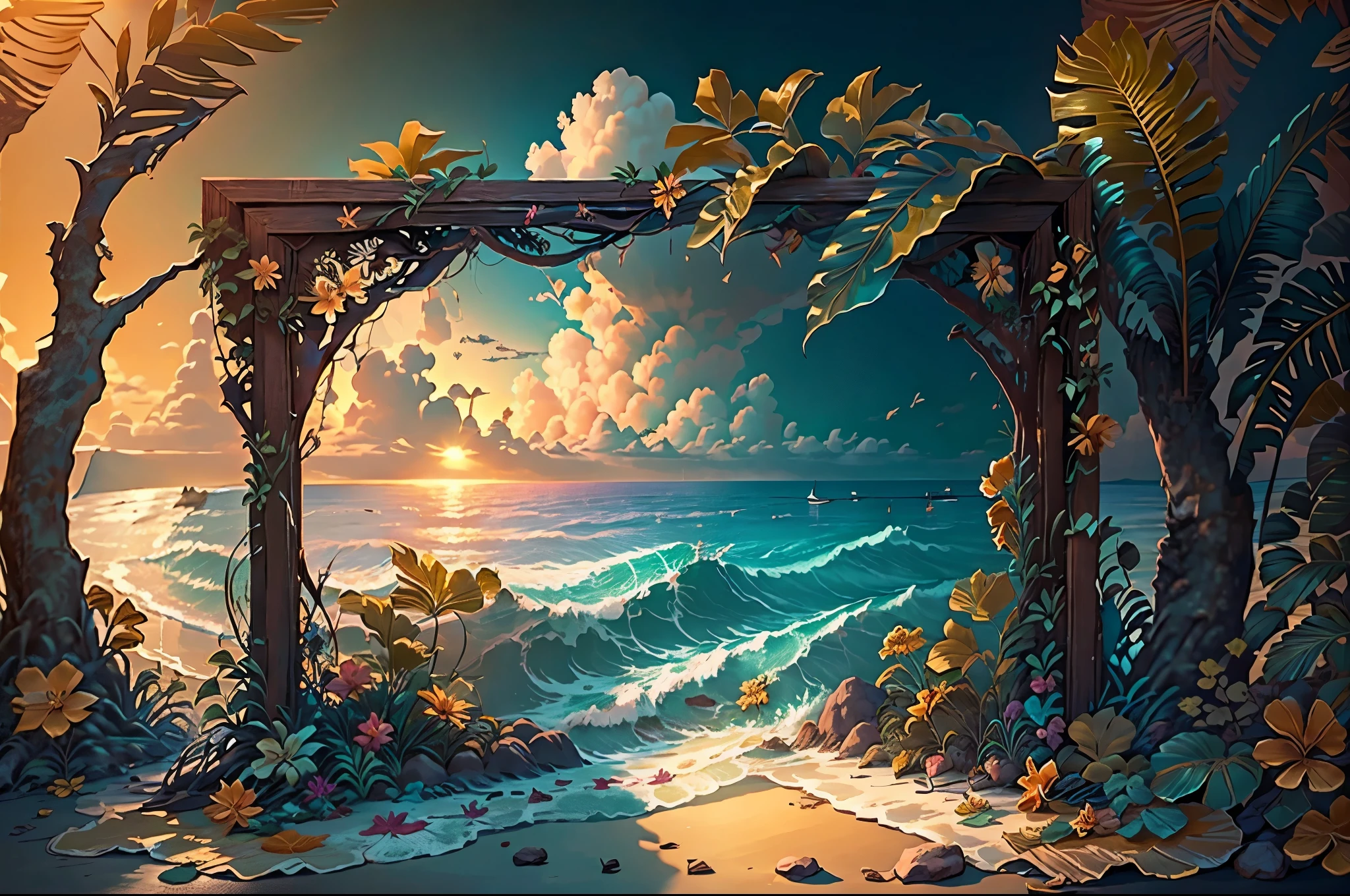 tropical flowers and wooden background with a frame for text, tropical background, blooming tropical flowers, background yellow and blue, beach sunset background, stylized background, tropic plants and flowers, vibrant & colorful background, floral sunset, colorful picture, mediterranean beach background, relaxed. gold background, amazing colorful background, beach background, colorfully background, seaside backgroud, flower frame