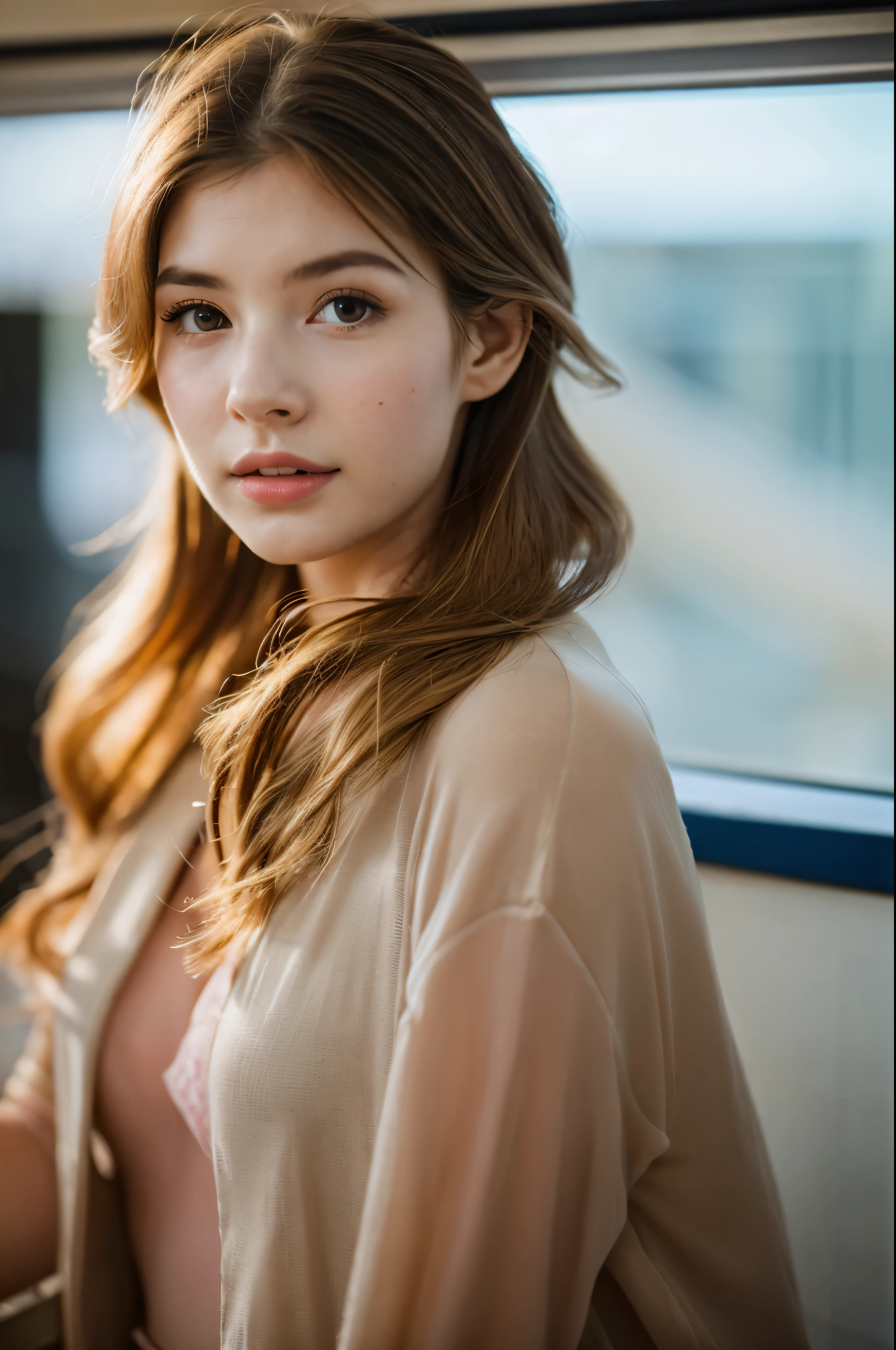 Cinematic Photo of a beautiful young girl fashion model bokeh train, ((long eyelashes)), ((body photo))