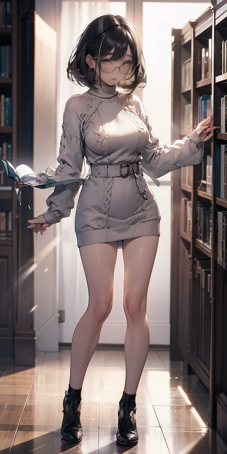 full-body close-up, create an elegant atmosphere, (masterpiece),(best quality), glasses, chakumomi, pov hand, breast grab, (embarrassed),sweater, in library,