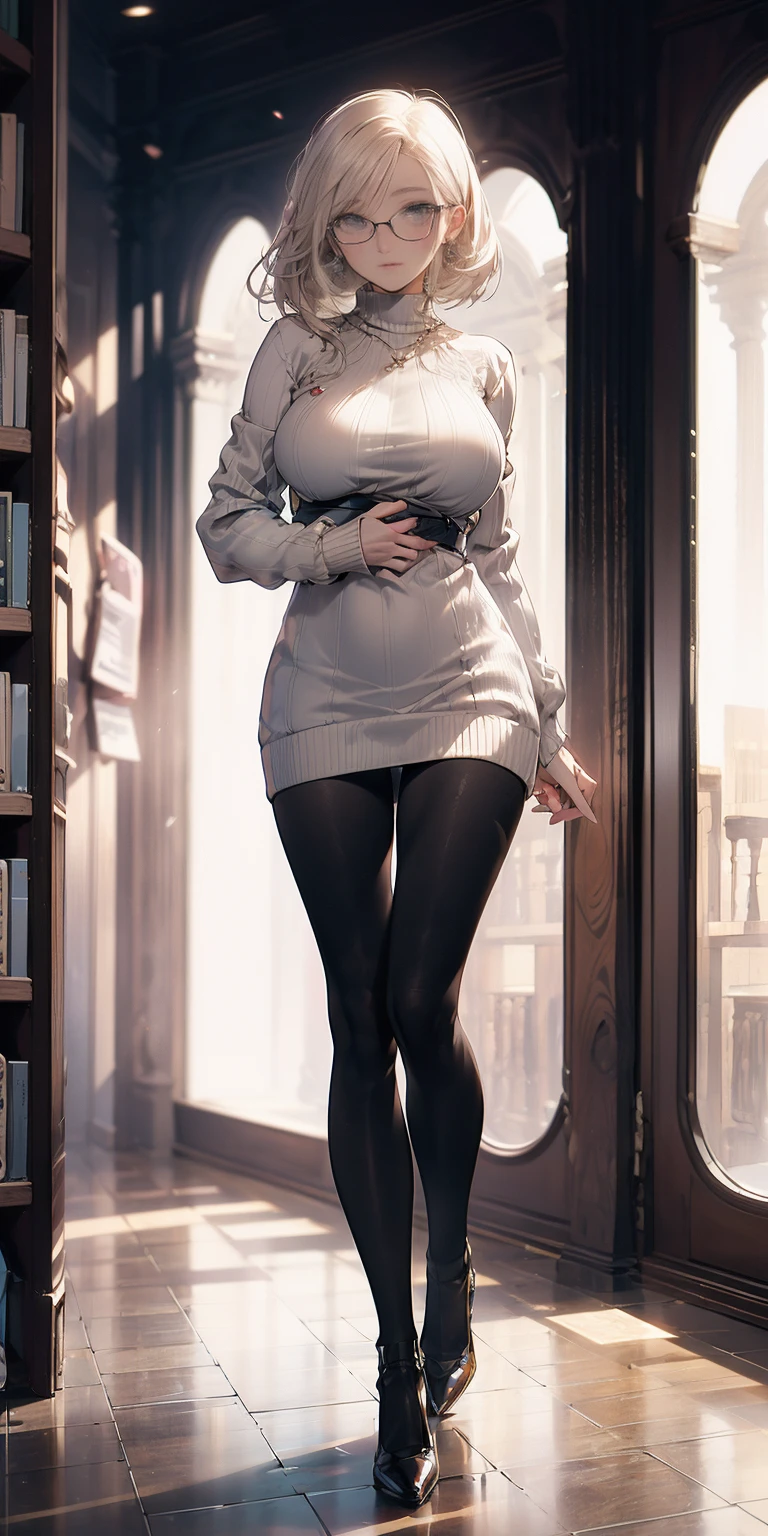 full-body close-up, create an elegant atmosphere, (masterpiece),(best quality), glasses, chakumomi, pov hand, breast grab, (embarrassed),sweater, in library, standing on wood floor