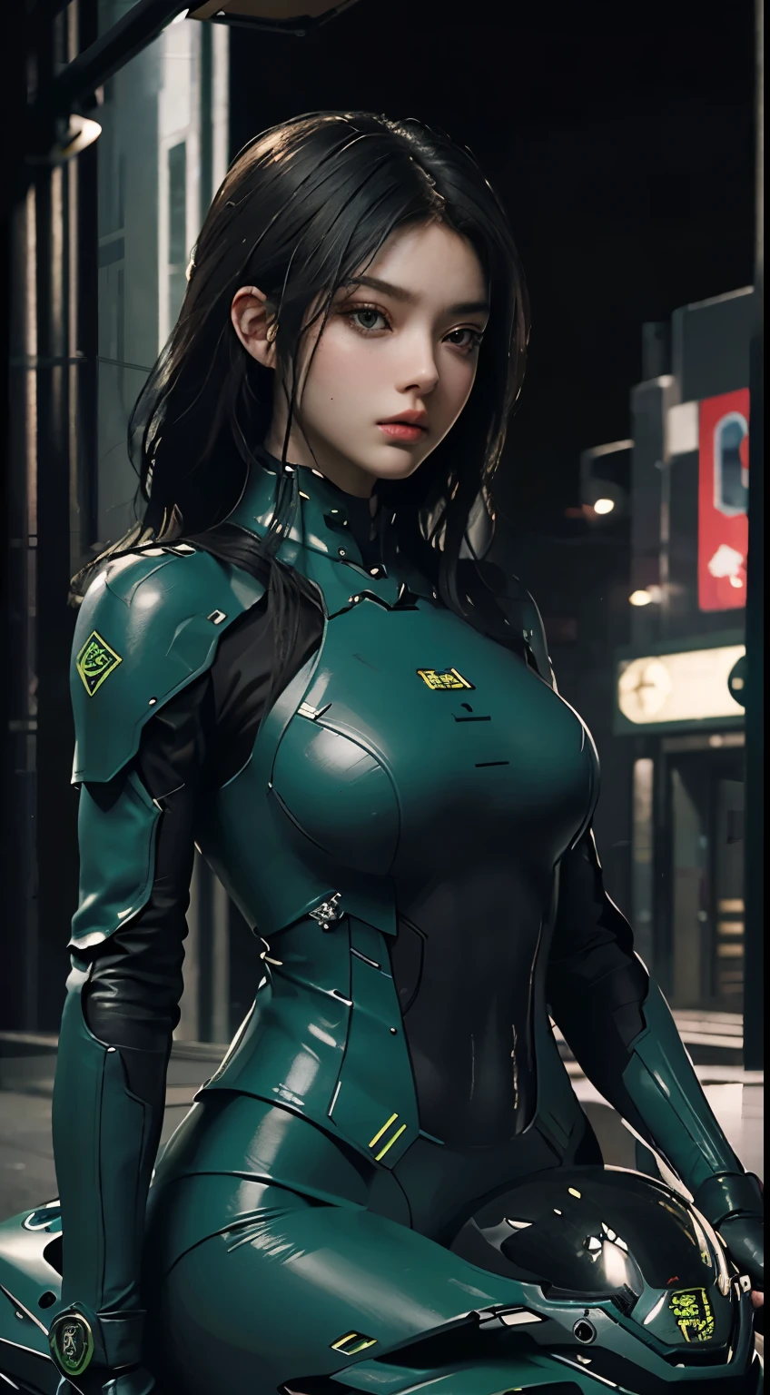 Highest image quality, Excellent details, ultra high resolution, (Reality: 1.4), best illustrations, Offer details, Highly concentrated 1girl, Has a delicate and beautiful face, Dressed in black and green mechs, wearing a mech helmet, holding direction, riding a motorcycle, Background futuristic city high tech lighting scene.