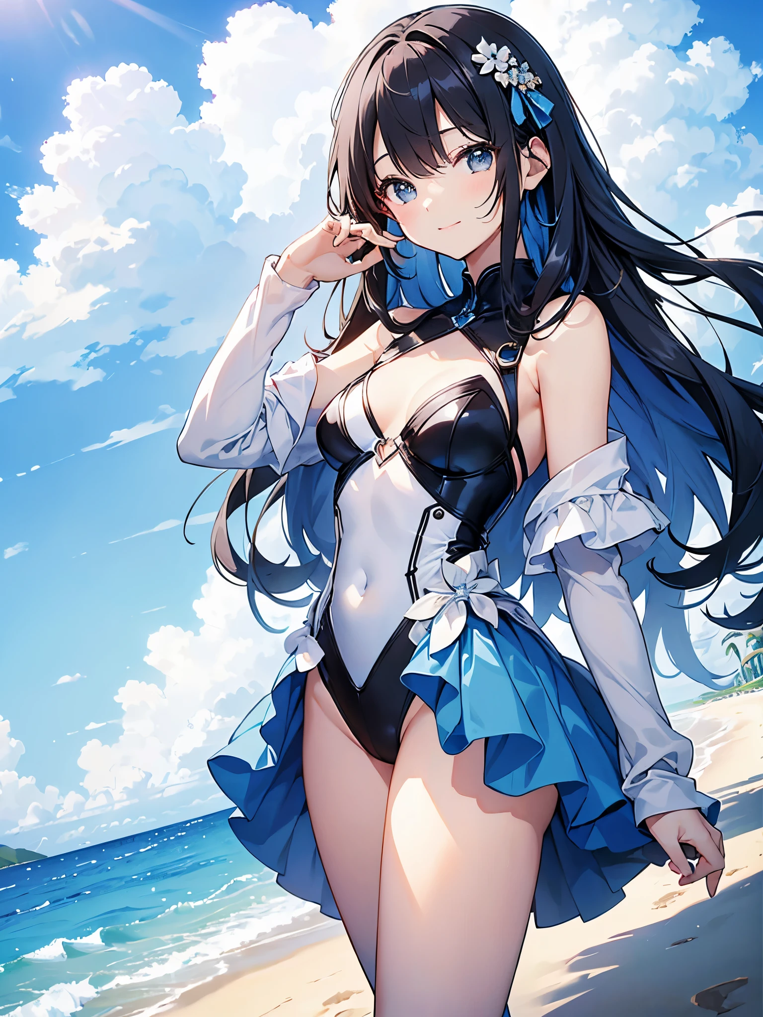 ((masterpiece、4ｋ、8ｋ、highest quality、perfect fingers：1.perfect anatomy：1.3、blur the background))、(Robot Girl：1.3)、cute petit girl、((Idol style leotard、、Slender beautiful girl、straight long hair))、(beautiful big droopy eyes)、smile with closed eyes、full body display、knee high socks、blue sky、white sand beach、outdoor stage、
