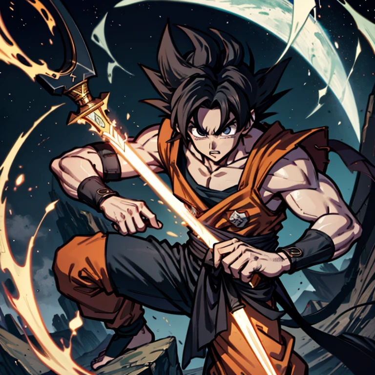 Goku con la espada excalibur, above a black dragon peeling with cell