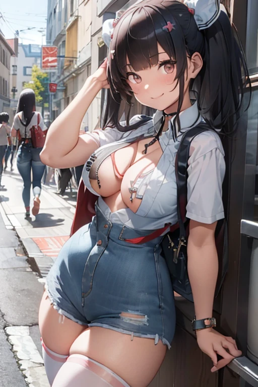 masterpiece、The best、1 female、denim vest、Denim shorts、Red shirt, Bun bun、black hair、Shoulder leakage、big breasts、chubby、Smile、White suspenders、lace leggingackpack,On campus,pose,Street culture