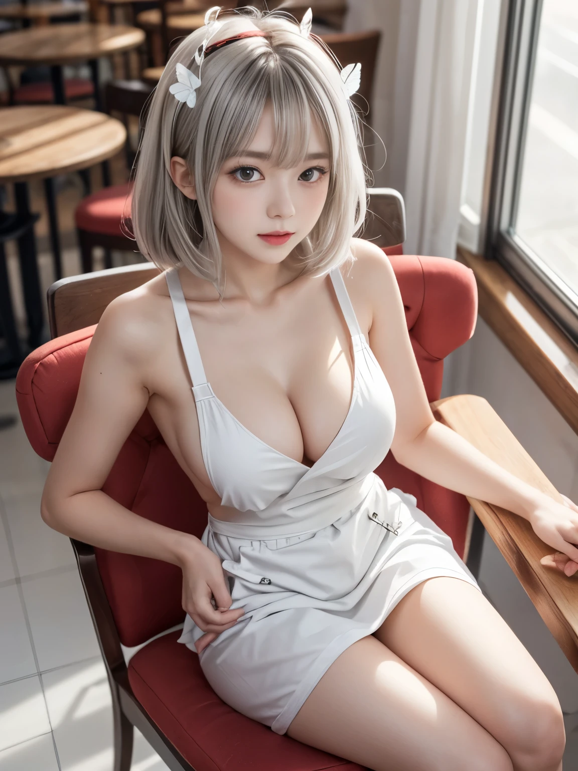 1 girl, alone, Nakano Nino, Light gray hair, butterfly hair ornament, (naked:1.3), (white apron), big breasts, cleavage, thighs, cafe background, (blush:1.3), nipple protrusion, Sitting on a chair with legs open