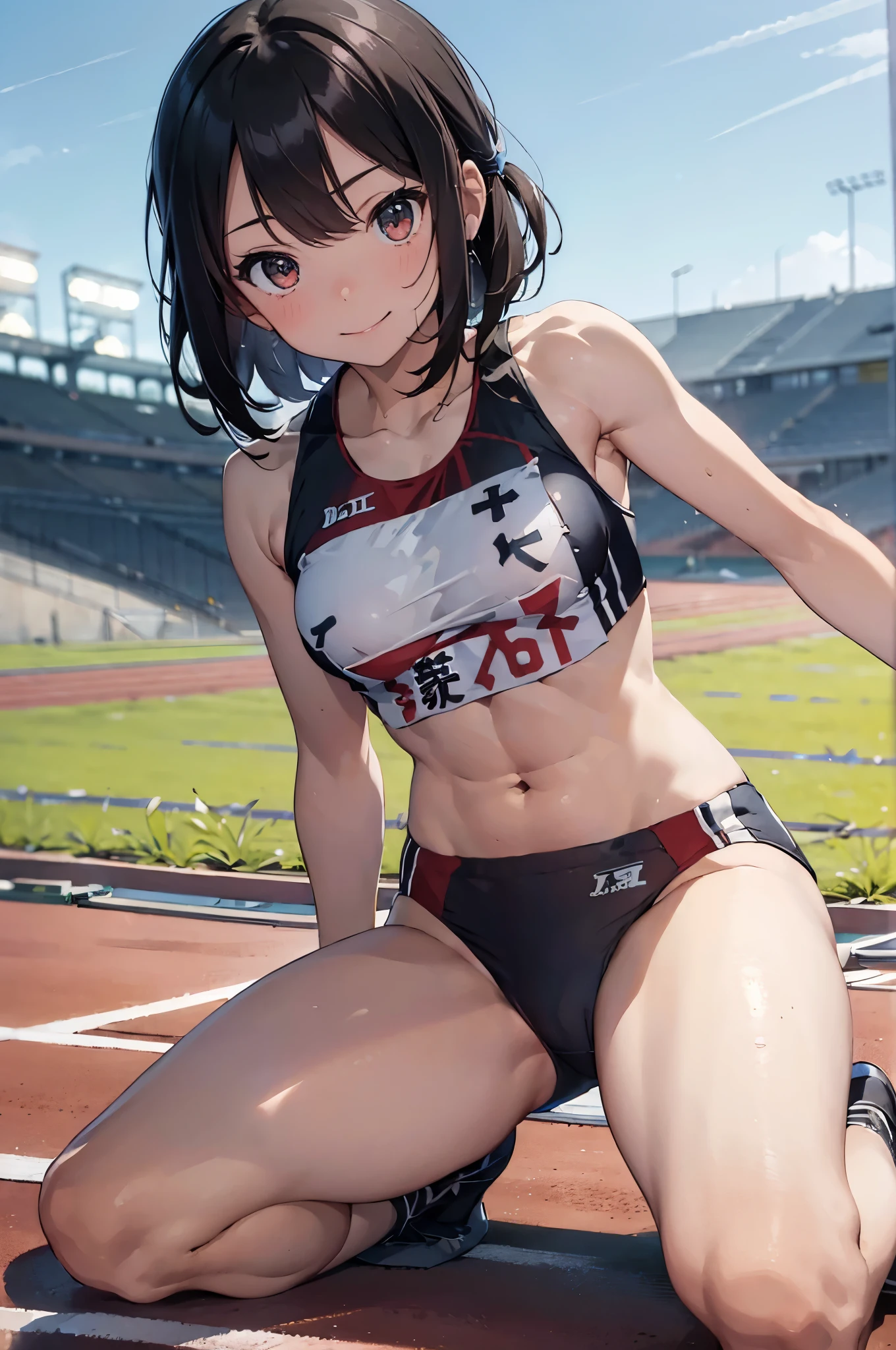 masterpiece, best quality, raw photos, 8k, ultra detailed, ultra high resolution, UHD, very detailed face, sharp focus, anime, solo, , (small breast:1.2), gravure posing, (facing forward:1.2), black short hair, (crimson sleeveless track uniform:1.3), racing bloomer, thin thighs, ((slim and tall body)), (six pack abs:1.2), ((sitdown on the track field)), open legs, in the athletics stadium at night, night sky, beautiful navel, smile, little mouth, front lighting
