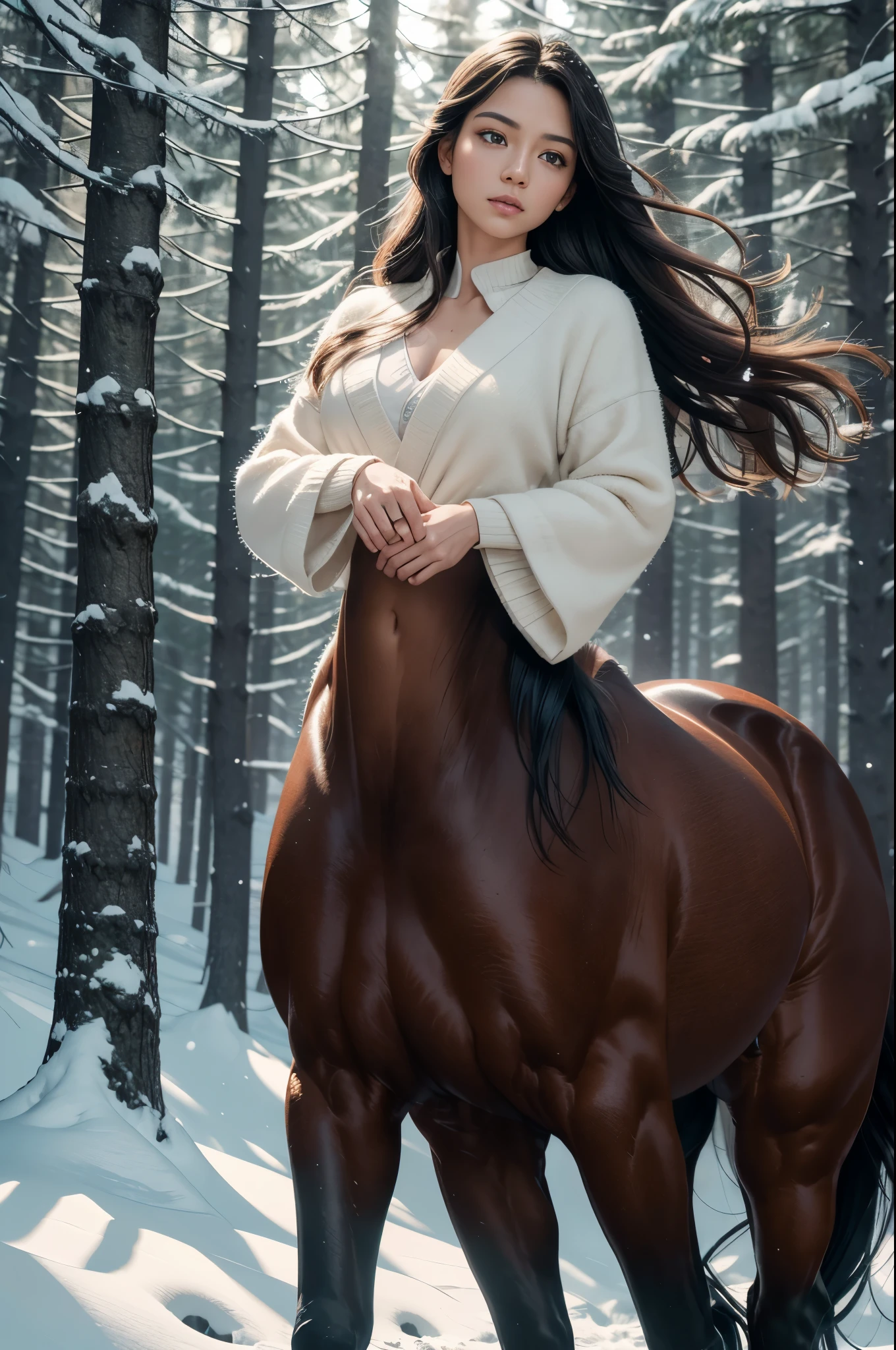 A centaur galloping through a snowy forest RAW photo, (masterpiece), (extremely intricate:1.3), (realistic), cinematic lighting, detailed skin, highly detailed, extremely delicate and beautiful, 8k, soft lighting, high quality, highres, sharp focus, extremely detailed, during the day,  extremely detailed eyes and face, masterpiece, cinematic lighting, (high detailed skin:1.2), 8k uhd, dslr, soft lighting, high quality, film grain, Fujifilm XT3