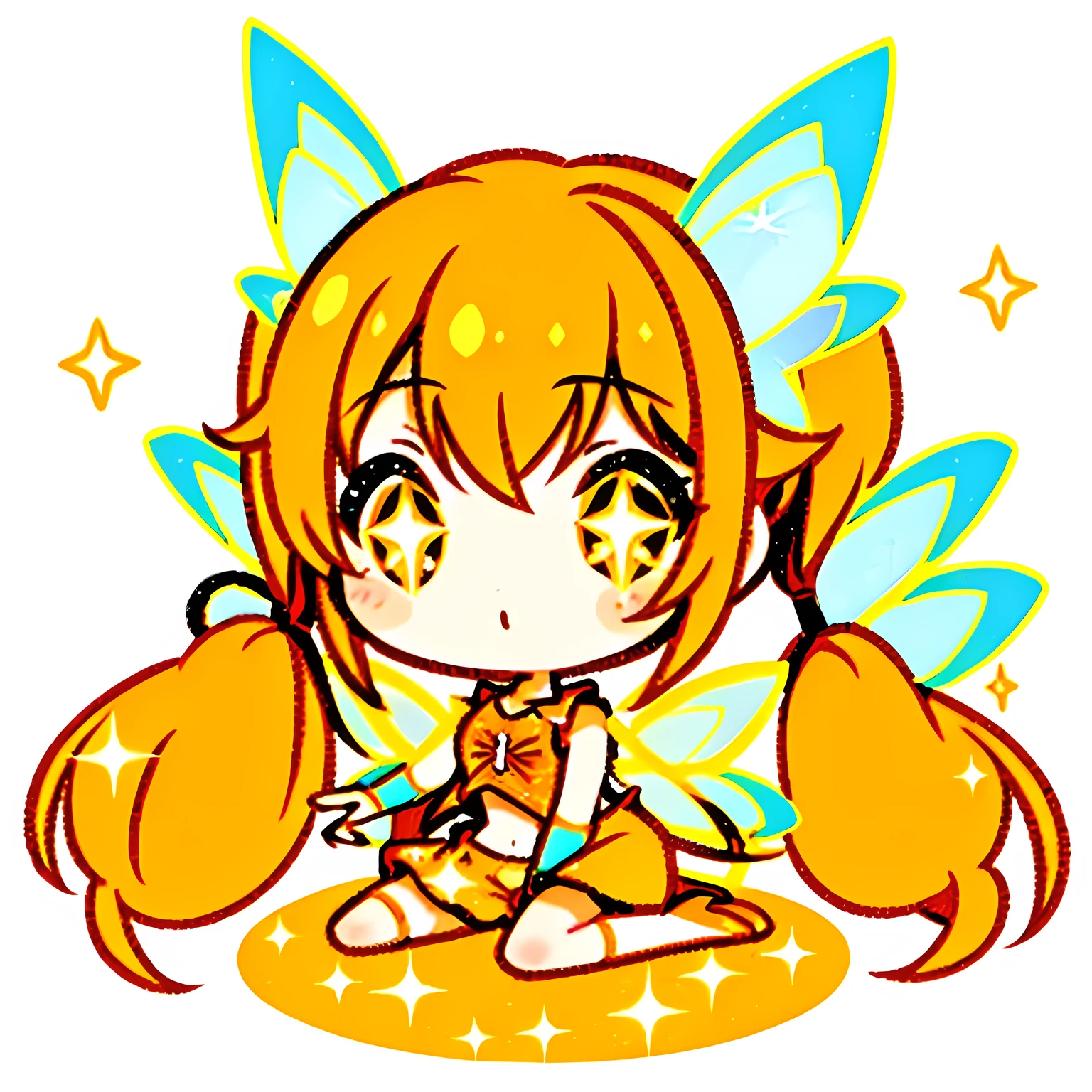 chibi, (Stella), (FairyOutfit), (twintails, long low pigtails, fairy wings, orange outfit, glittery clothes, sparkling clothing), Solo, 1girl, full body, simple background,