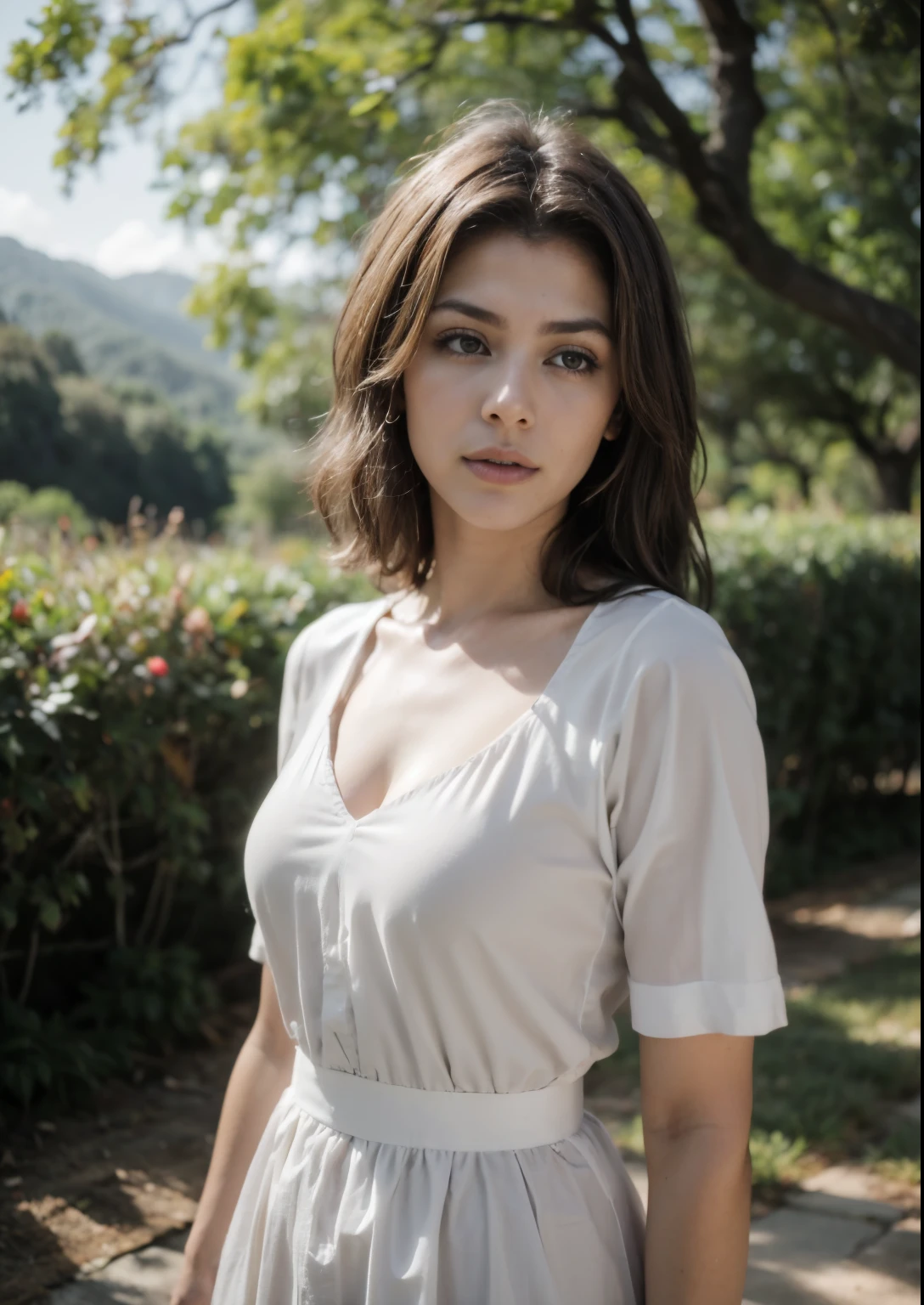 (Obra maestra, mejor calidad),1 chico con pelo medio largo y verde agua, sentado en un campo de plantas y flores verdes, su mano debajo de su barbilla, warm lighting, vestido blanco, primer plano borroso
