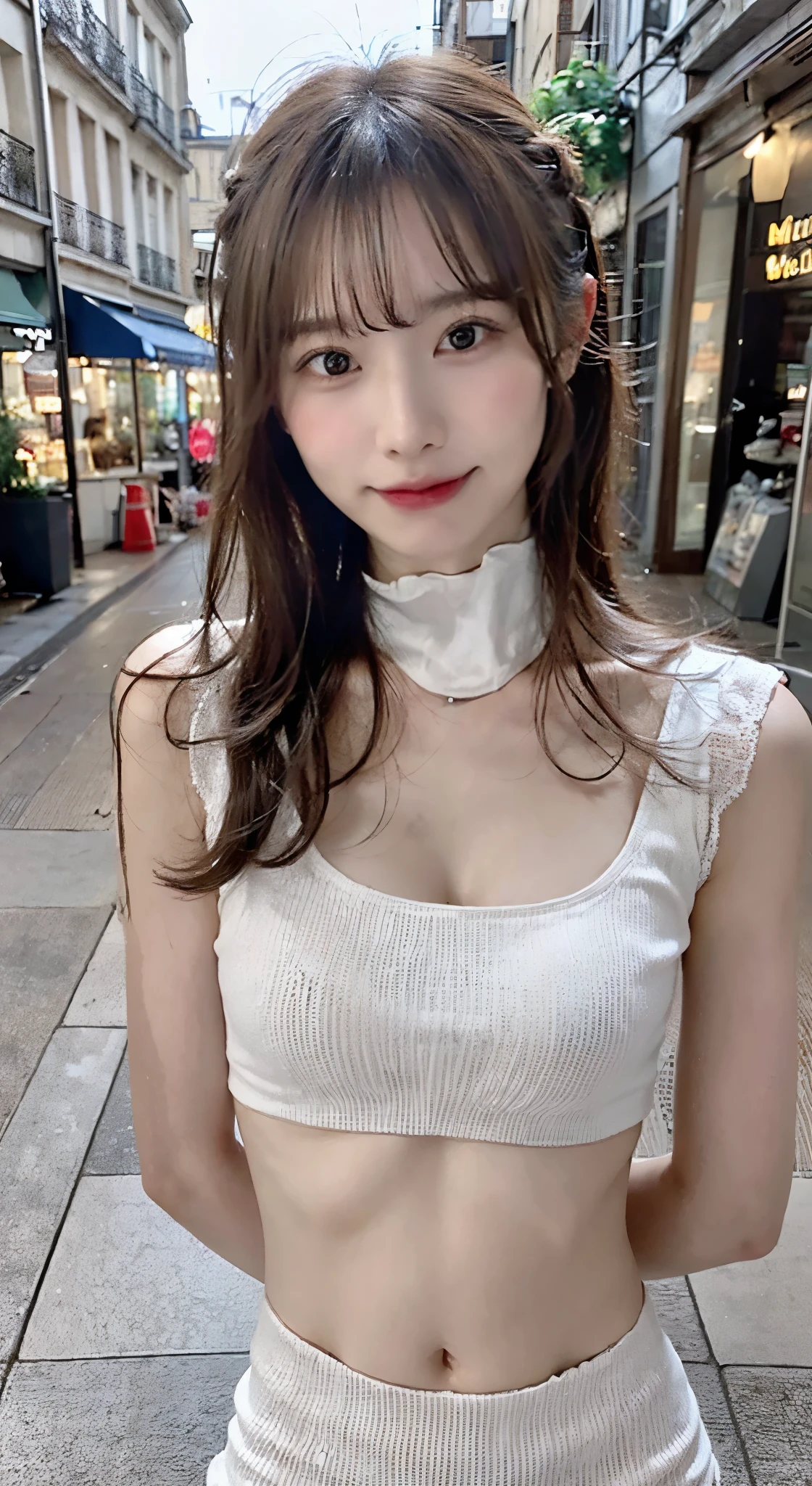 (masterpiece:1.3), (8K, Live shooting, Highest image quality: 1.4), One Japan high school girl、(casual hairstyle:1.2)、(small breasts:1.3)、super detail face、eye for detail、double eyelid、sharp focus:1.2、cute woman:1.4、light brown hair、highest quality、ultra high resolution、(photorealistic:1.4)、Highly detailed and professional lighting、slender、thin thighs、A sloppy smile、((Walking the streets of Paris:1.1))、 (white crop top: 1.4), (outdoor, night: 1.1), city street, 