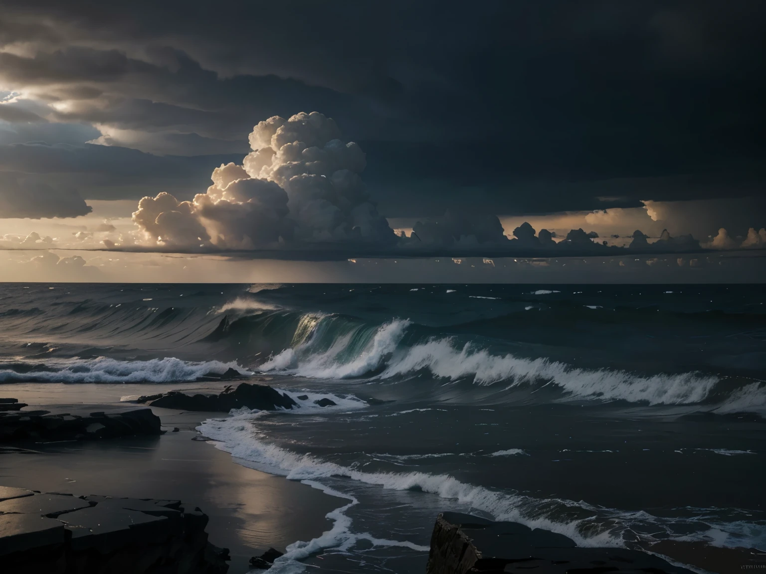 (best quality,4k,8k,highres,masterpiece:1.2),ultra-detailed,(realistic,photorealistic,photo-realistic:1.37),a sad God looking at the earth,ocean waves crashing against a rocky shoreline,sorrowful expression on God's face,human beings wandering aimlessly on a desolate land,dark clouds covering the sky,stormy atmosphere,gloomy lighting,divine presence,heavenly aura,ancient ruins,faint light shining through the clouds,hopelessness and despair,ominous feeling,loneliness and solitude,subtle colors with a touch of blue and gray,textured brushstrokes,evoking a sense of reflection and introspection,sublime beauty amidst chaos,serene yet melancholic scenery,thunder echoing in the distance,small figures against a vast landscape,grief and longing,hint of mystery,symbolism and allegory.