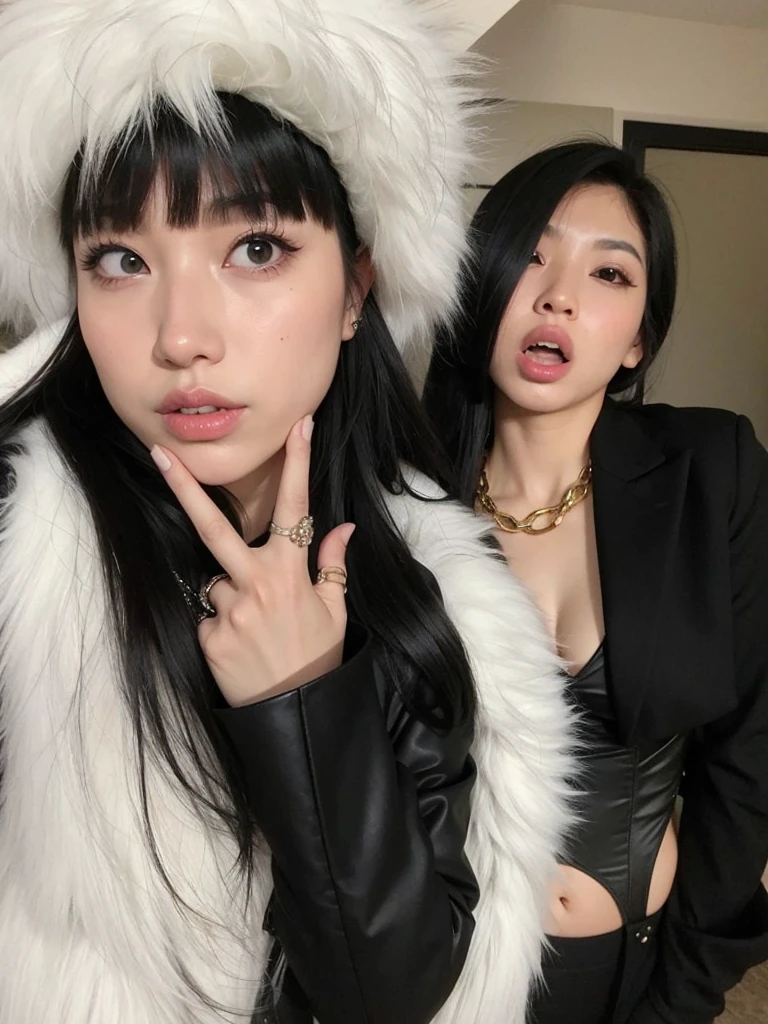 Two women in fur coats posing for a photo with a camera., cruel korean gothic girl, pelo negro y flequillo blanco, ulzzang, ella tiene el pelo negro con flequillo, nixeu y sakimichan, yoshitomo nara y aya takano, gothic girl aesthetic, son pixivs y junji, flequillo blancopelo negro, inspirado en Wang Duo
