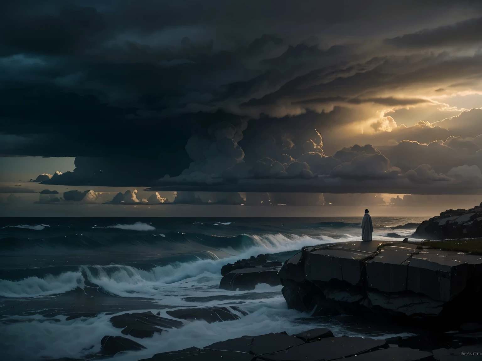 (best quality,4k,8k,highres,masterpiece:1.2),ultra-detailed,(realistic,photorealistic,photo-realistic:1.37),a sad God looking at the earth,ocean waves crashing against a rocky shoreline,sorrowful expression on God's face,human beings wandering aimlessly on a desolate land,dark clouds covering the sky,stormy atmosphere,gloomy lighting,divine presence,heavenly aura,ancient ruins,faint light shining through the clouds,hopelessness and despair,ominous feeling,loneliness and solitude,subtle colors with a touch of blue and gray,textured brushstrokes,evoking a sense of reflection and introspection,sublime beauty amidst chaos,serene yet melancholic scenery,thunder echoing in the distance,small figures against a vast landscape,grief and longing,hint of mystery,symbolism and allegory.