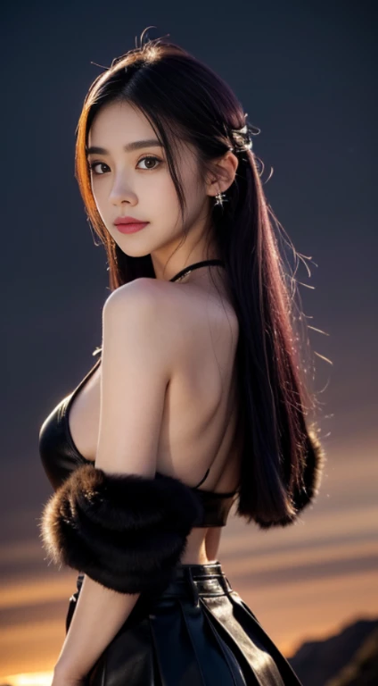 works of masters，27 years old、higher quality，advanced details，ultra high resolution，8K resolution，The depth of one person&#39;s worldview&#39;point of view，the only person，woman，parents，thick eyebrows，No expression，purple hair big breasts，white long hair，hoop earring angle，ear studs，choker necklace，iron thorn，leather skirt，fur shawl，Combat to launch viewer，evening，cloudy，meteor，plateau，canyon，cinematic lighting，volume light，law of twilight，low bright sunlight、shot from the side、(whole body whole body:1.3)、歯を見せるsmile、smile、