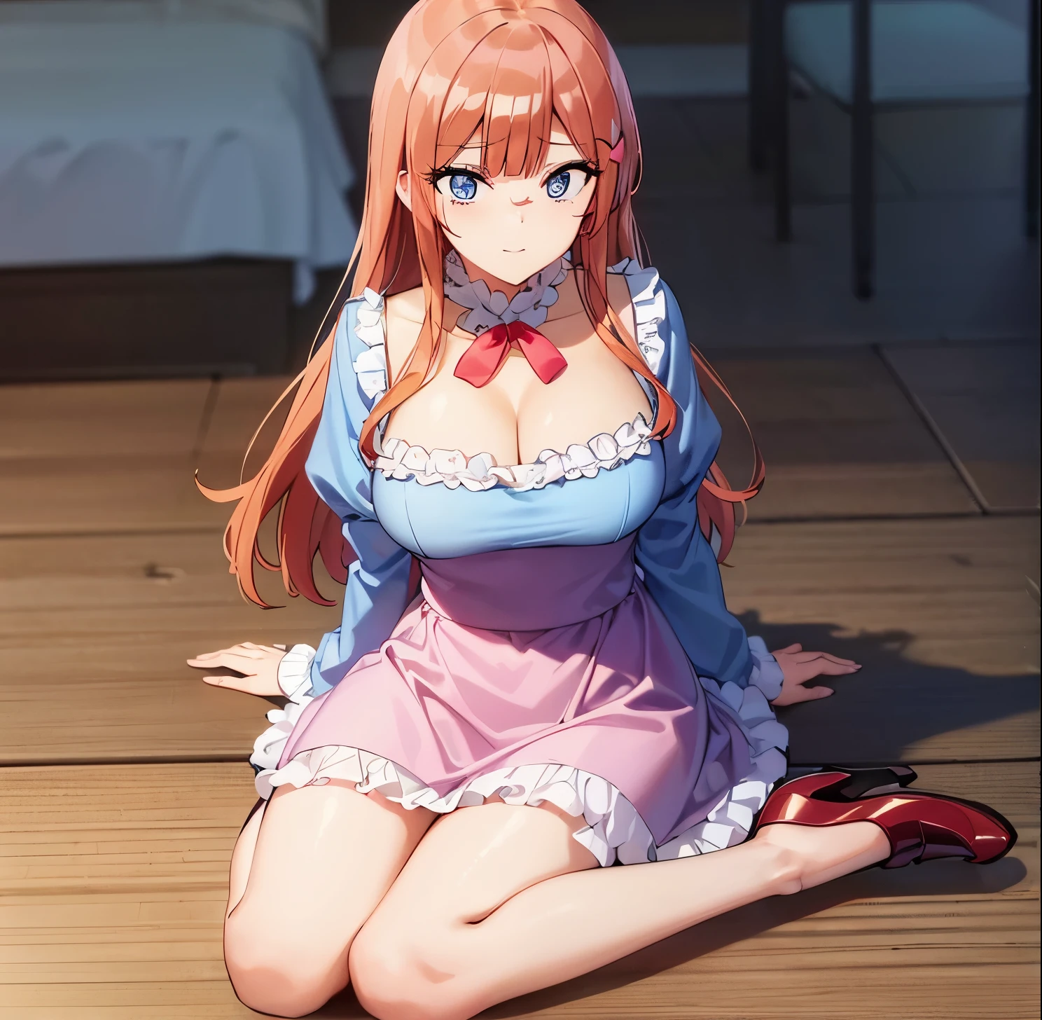 ((masterpiece)), ((Best quality)), (Ultra detailed), in bed, light blue blouse, long sleeve, neckline, pink skirt, long skirt, heels, ((pretty eyes)), big breasts, 1 girl in the library, alone, good lighting, Embarrassed, seductive, Rizu ogata, blue eyes, no glasses, long hair, orange hair, ((pretty eyes)), smile, big breasts, medium waist, wide hips, medium thighs, good anatomy, good hands