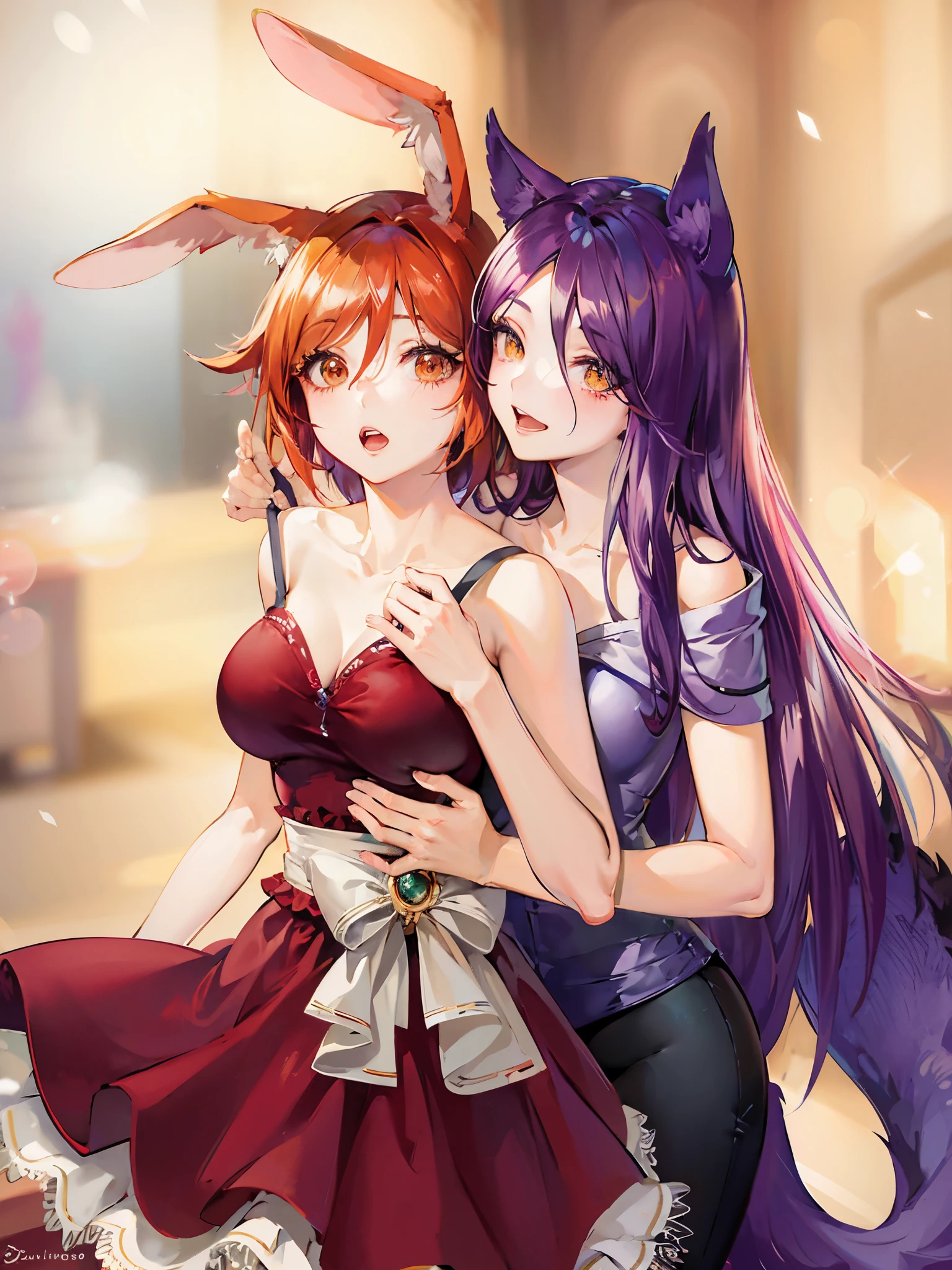 anime characters dressed in bunny ears and hugging dresses, two beautiful garotas de anime, estilo de anime ecchi, nixeu e sakimichan, Ahri, estilo de arte de anime realista, no estilo anime, garotas de anime, epic anime style, com orelhas de coelho, arte digital de anime!!, anime em estilo fantasia, commission for high resolution, com grandes orelhas de coelho