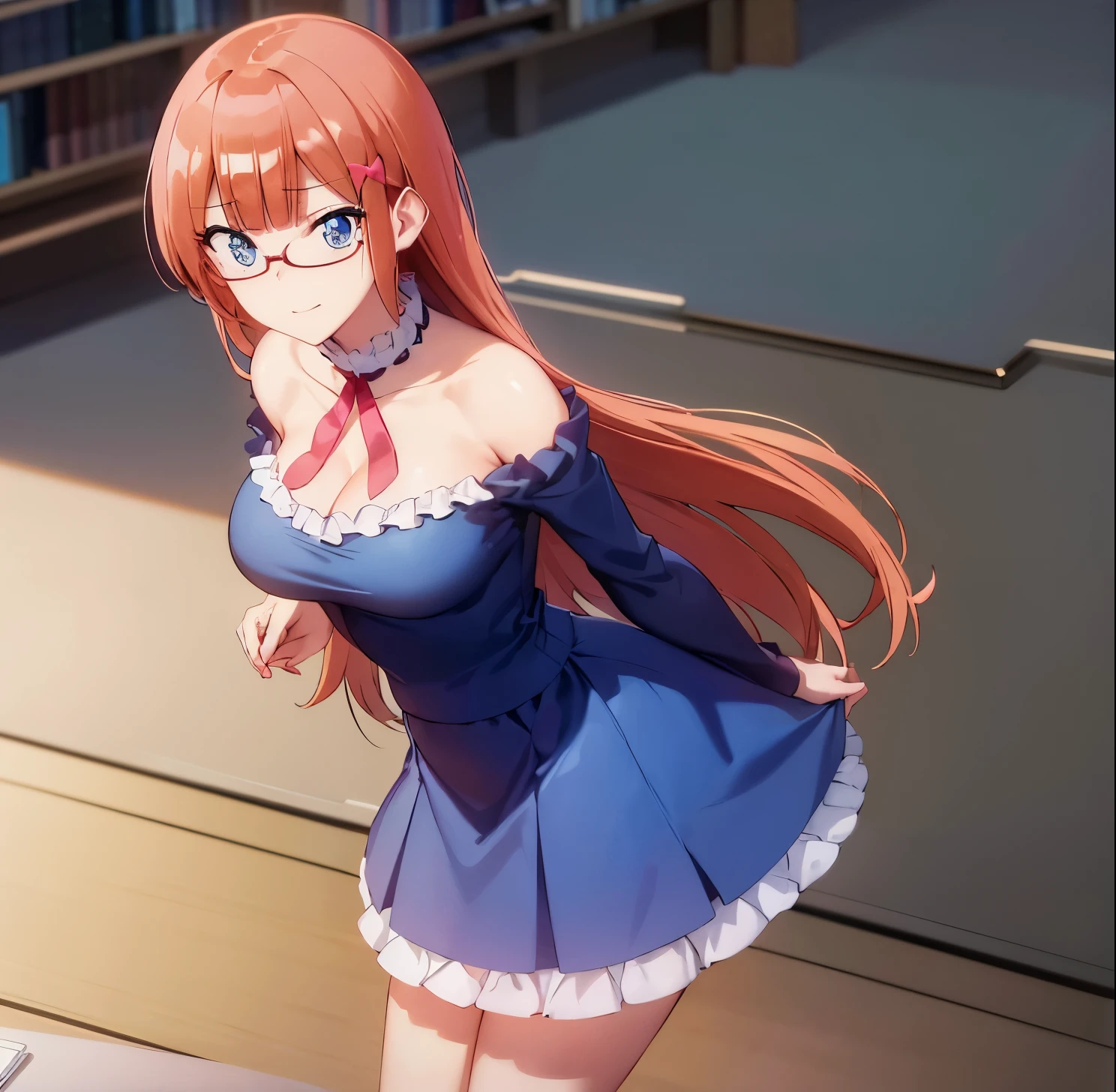 ((masterpiece)), ((Best quality)), (Ultra detailed), in bed, light blue blouse, long sleeve, neckline, pink skirt, long skirt, heels, ((pretty eyes)), big breasts, 1 girl in the library, alone, good lighting, Embarrassed, seductive, Rizu ogata, blue eyes, no glasses, long hair, orange hair, ((pretty eyes)), smile, big breasts, medium waist, wide hips, medium thighs, good anatomy, good hands