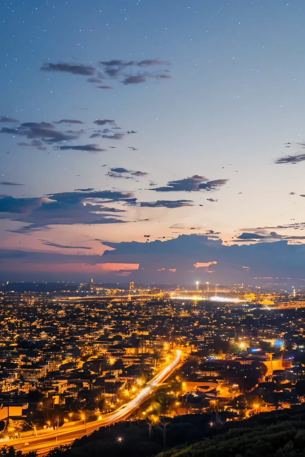 Visto desde abajo, from far away like on a mountain, apuntando al cielo, ciudad con luces de fondo, noche, estrellas, cometa, hermosas nubes