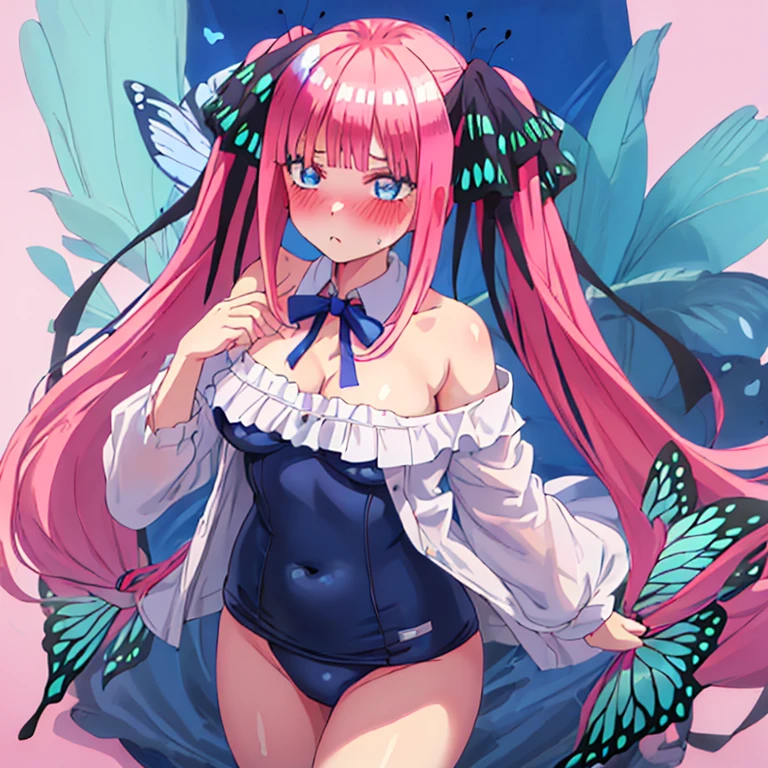 best quality, very aesthetic, Super detailed, best illustration, Dark blue one piece school swimsuit,bangs, pink_hair, blunt_bangs, hair_ornament, butterfly_hair_ornament, black_ribbon, blue_eyes, blush, hair_ribbon, twintails, long_hair, full body, nsfｗ, pussy focus, 1girl