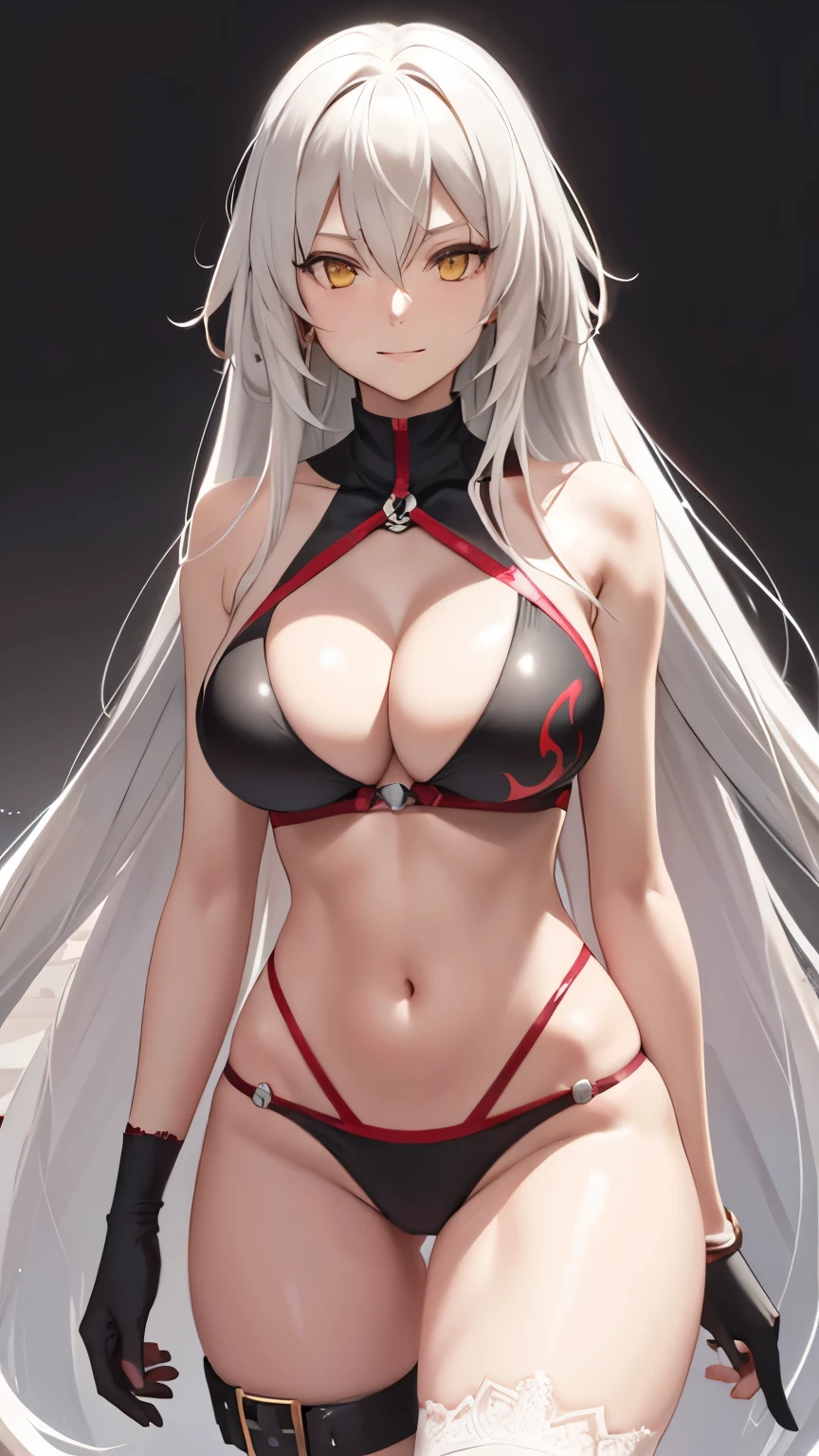 summer_jalter, yellow_eyes, long hair, mature, single thighhigh, white hair, thigh strap, bikini, 1girl, solo, closeup