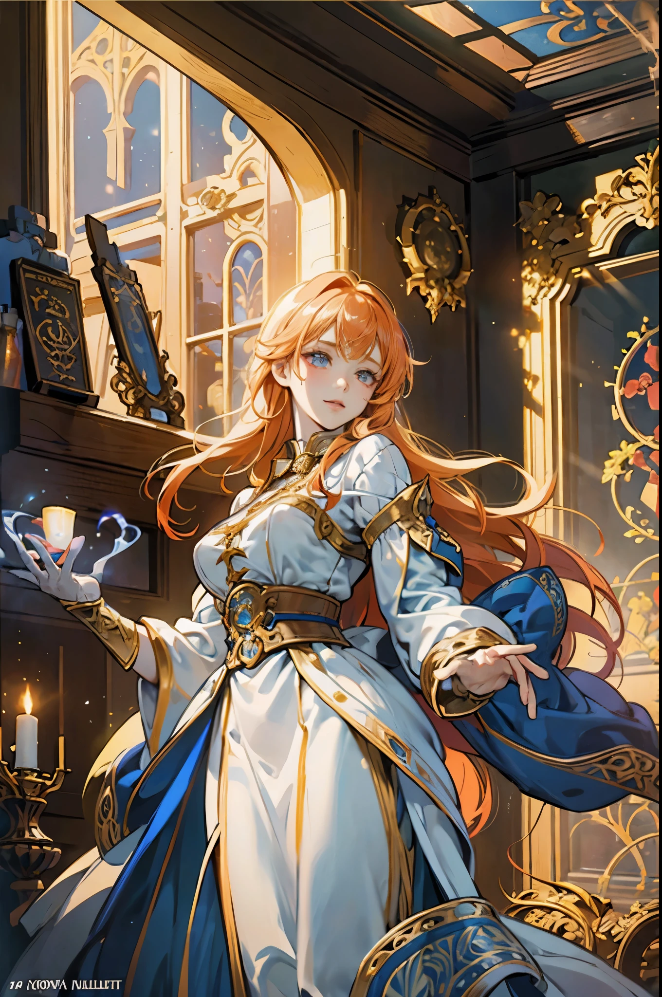 young ginger woman, medieval tale tavern, intricately detailed colorful interior, detailed intense sunrise lightning, best geometry, award wining masterpiece, ultra intricate shadows and lighting, best lighting, best shadows, intricate busy setting, trending on art station, global illumination, selfilluminated, bioluminescence, midjorney style, art by Albert Bierstadt