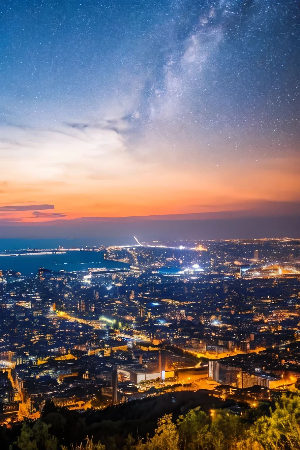 Seen from below on a mountain., apuntando al cielo, ciudad con luces de fondo, noche, estrellas, cometa, hermosas nubes