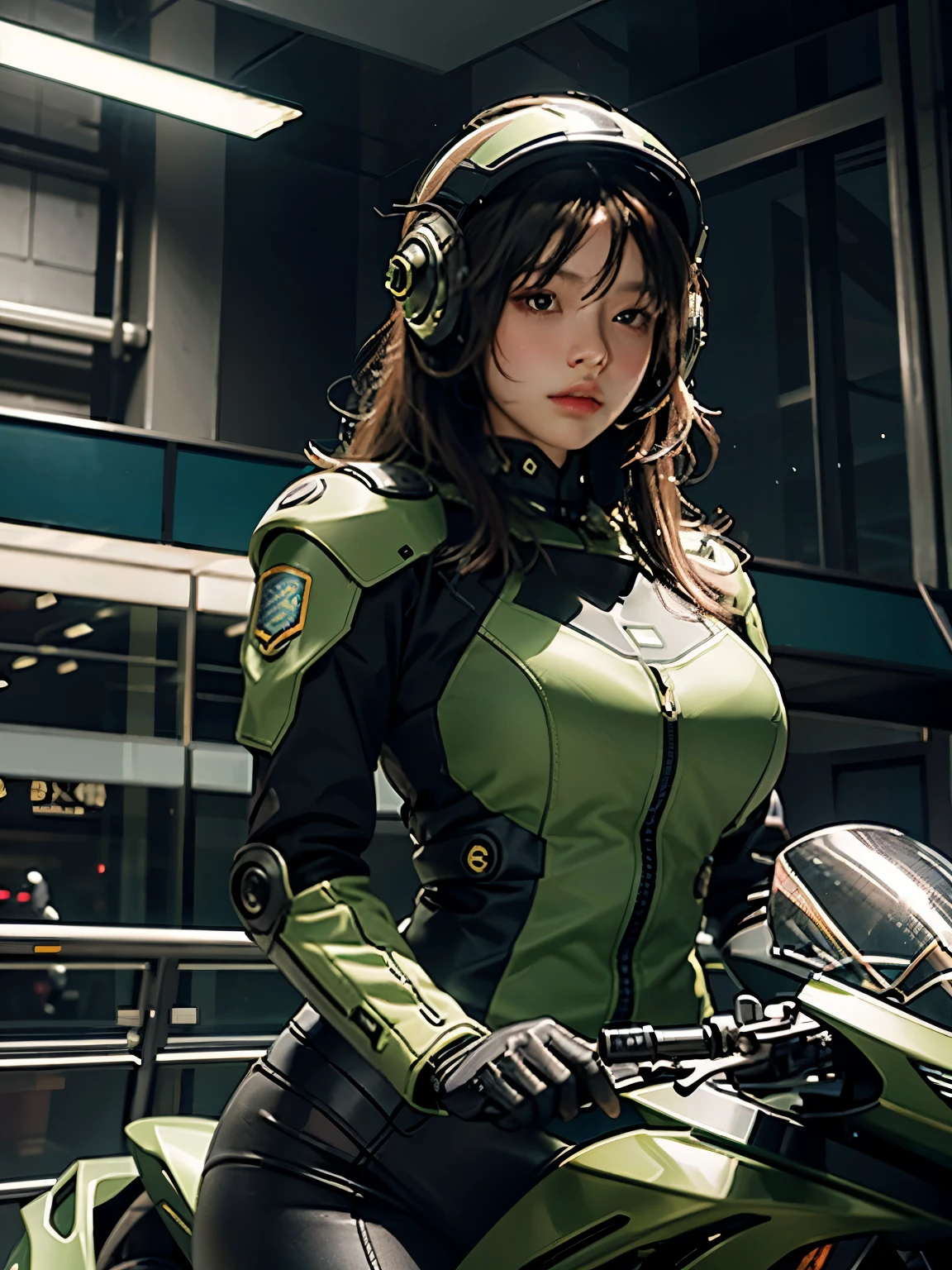 Highest image quality, Excellent details, ultra high resolution, (Reality: 1.4), best illustrations, Offer details, Highly concentrated 1girl, Has a delicate and beautiful face, plump, , Dressed in black and green mechs, wearing a mech helmet, holding direction, riding a motorcycle, Background futuristic city high tech lighting scene.