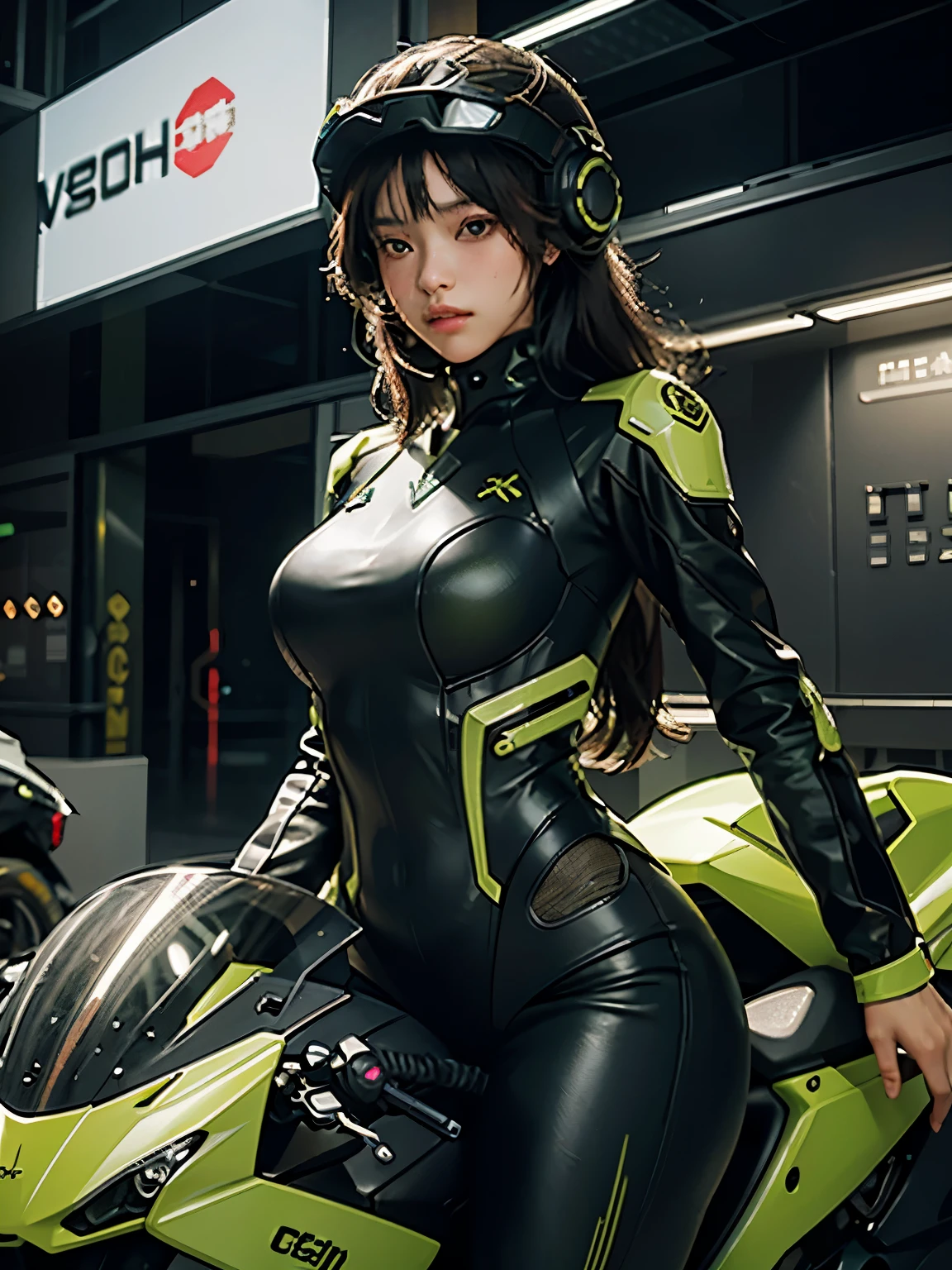 （very detailed：1.5）， （8K）， Sci-fi futuristic mecha girl with flashing neon lights， style （Cyberpunk Personality：1.3）， Wear an elegant combat uniform，vivid details， sexy pose， （Bold typography：1.2）， dynamic composition， bright colors， （アキラstyle：1.1）， （Inspired by Hajime Sorayama：1.2）， Full body Esbian， red、yellow、green、white details， fight position， detailed bikini， Futuristic and detailed BMW bikes，13 years old, Girl born in junior high school, (((huge breasts:1.2)))、short hair
