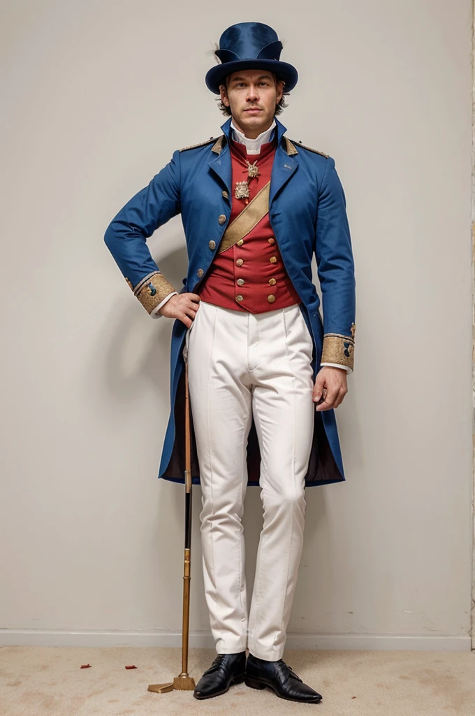 a man in a blue jacket and white pants with a cane, soldier clothing, napoleonic, 1 8 th century style, general uniform, officers uniform, a 18th century, regency-era, full uniform, xix century military outfit, 1 8 0 0 s soldier, uniform, 18th century art, carl gustav, full dress uniform, run fast, epic, warfare background, brave, shout