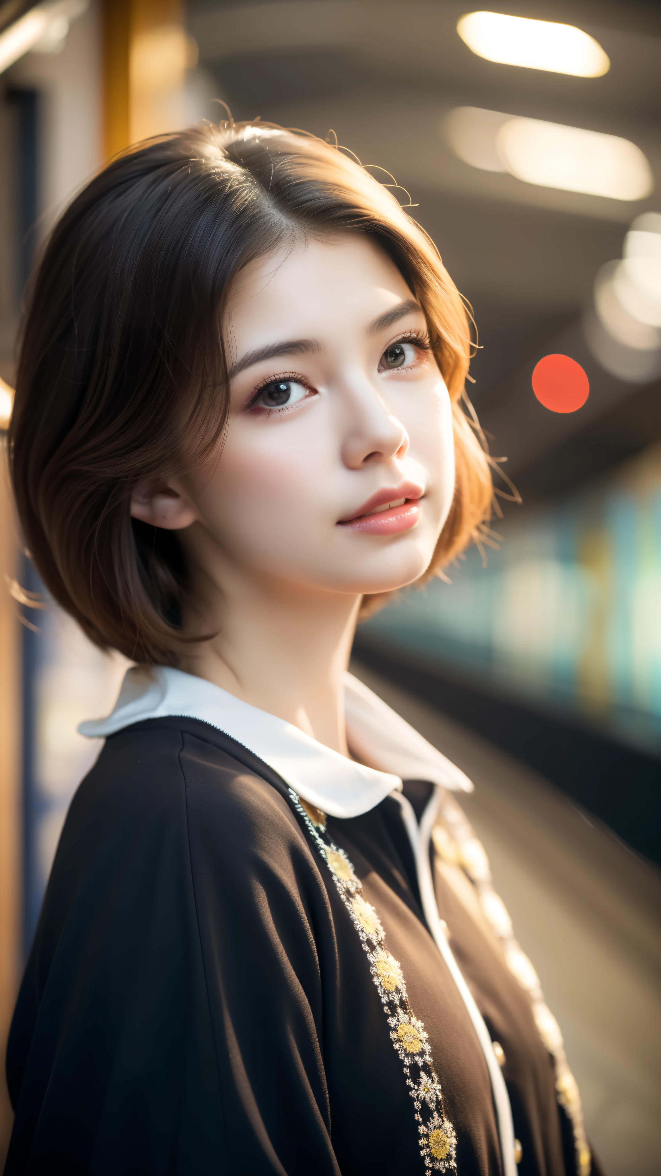 Cinematic Photo of a beautiful young girl fashion model bokeh train, ((long eyelashes)), ((body photo))