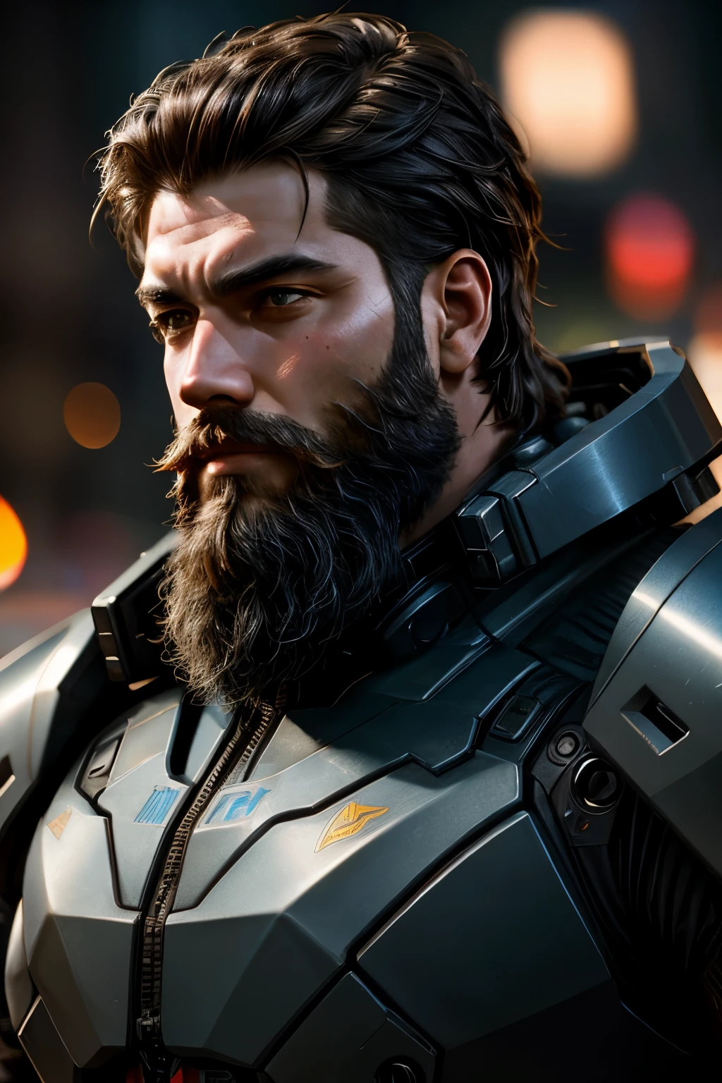 Portrait photo of muscular bearded guy in a worn mech suit, ((light bokeh)), intricaeel metal [rusegant, sharp focus, photo by greg rutkowski, soft lighting, vibrant colors, masterpiece, ((streets)), detailed face