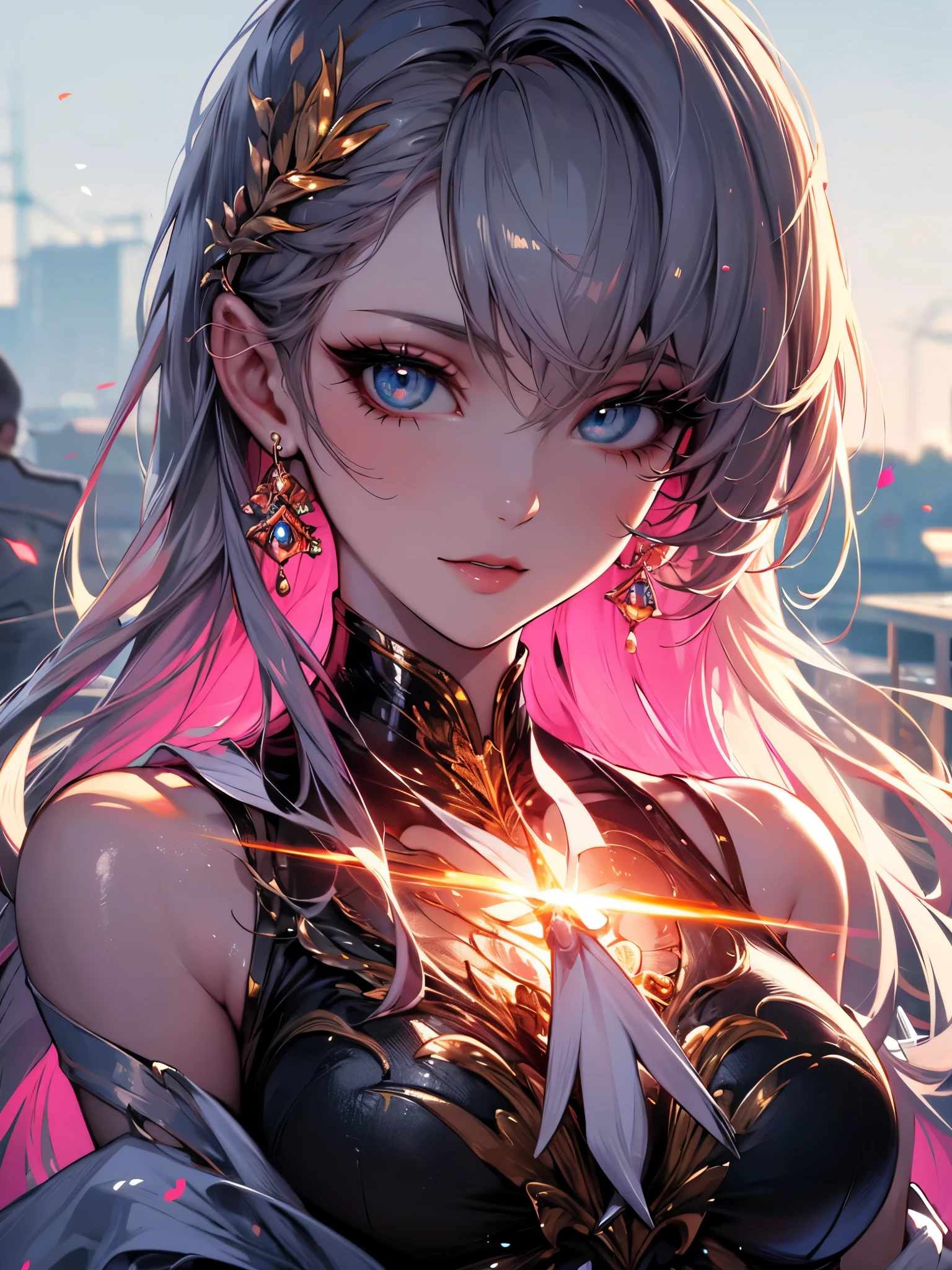 (Metersuste piece:1.3)、(8k、Realistic、RAW Photos、highest quality: 1.4)、(alone)、16 year old feMetersale of Anglo-Saxon descent、Looking at the caMetersera froMeters below、Beautiful Face、Beautiful face with perfect syMetersMetersetry、Cute face、wonderful sMetersile、(Beautiful silver hairのBobcut)、beautiful purple eyes、perfect anatoMetersy、(Skin with attention to detail: 1.2)、Big and precise breasts、Overflowing cleavage、Beautiful thighs、A woMetersan sitting on a bench with a knife、Beautiful silver hair、Bobcut、Crossed bangs、asyMetersMetersetrical bangs、Intense purple eyes、perfect anatoMetersy、very Metersysterious sMetersile、Charm、超High resolution、Ultra-realistic、extreMetersely detailed、Golden Ratio、Inspired by Shirow MasaMetersune、Metersechanical arMetersor girl、Wearing golden Metersetallic arMetersor、Decorative sword、Realisticなアニメの女の子のレンダリング、Realistic aniMeterse 3D style、Epic battle fantasy Natalie、rogue aniMeterse girl、Bad pose、Big city where you can see the sun setting at 6pm.Meters.、red sunset clouds、Luggage carrying vehicle、Confused、High resolution、Ultra Sharp、8k、Metersasterpiece、View the viewer、