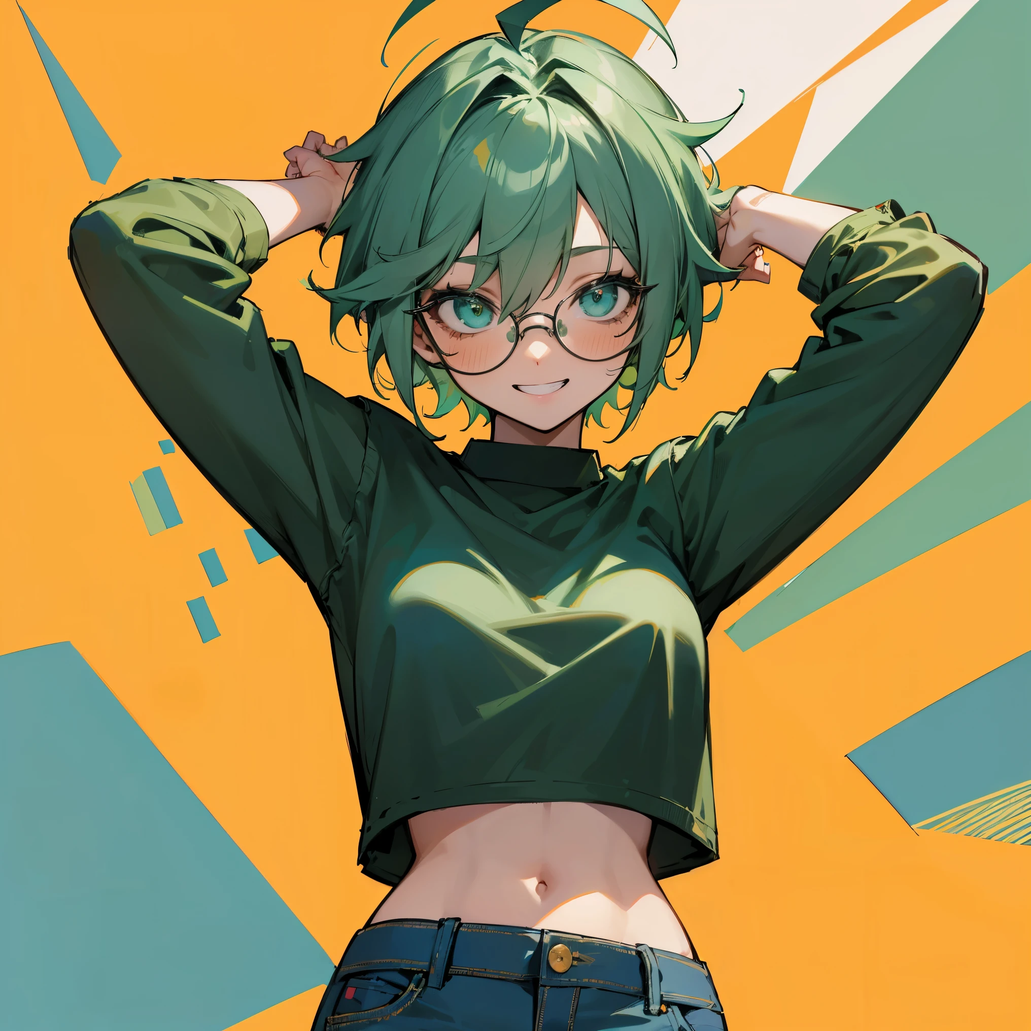 Masterpiece, best quality, 1girl, solo, 23 years old, adult, teal and green hair, messy hair, asymmetrical hair, ahoge, very short hair, aqua eyes, medium breasts, toned, 167cm, pale skin, glasses, grin, olive green shirt, jeans, midriff peek,