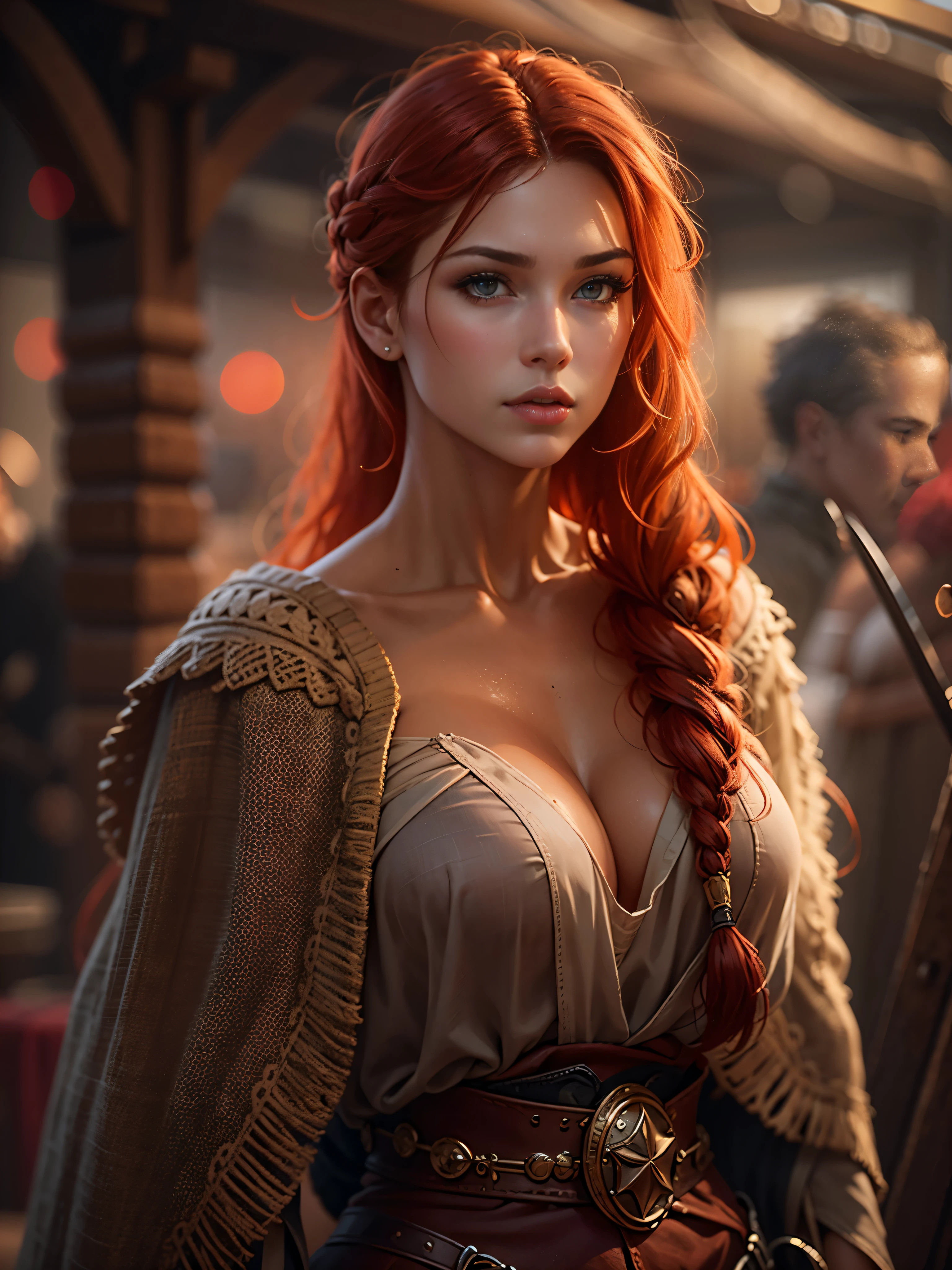 masterpiece, best quality, brilliant details, cinematic lighting, exciting perspective, young pretty woman, beautiful face, perfect eyes, , narrow waist, wide hips, Nordic type, flawless skin, textured skin, nude, absoly nude, unclothednematic pose, red hair, erotic artwork, sexing village