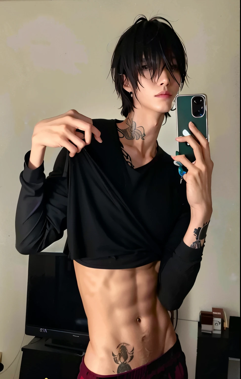 Arafed man taking a selfie in a black shirt, handsome japanese demon boy, cai xukun, camisa corta y abdominales fuertes, con abdominales, [ rigidly defined abs ]!!, skinny male fantasy alchemist, [ abull firmemente definido cuerpo extremadamente delgado, androgynous, pintar ulzzang, androgynous male