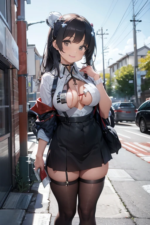 masterpiece、The best、1 female、black skirt， Bun bun、black hair、Shoulder leakage、big breasts、chubby、Smile、Black suspenders、lace leggingackpack，On campus，pose，Street culture，Professional women