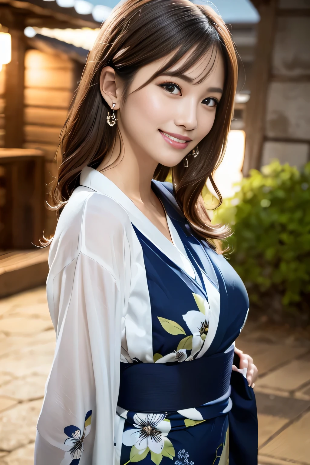 (masterpiece:1.3), High resolution, Super detailed, Highly detailed CG Unity 8k wallpaper, realistic, photo-realistic, Raw photo, beautiful detailed face, white skin, realistic glistening skin, detailed cloth texture, detailed hair texture, perfect body, beautiful face, Accurate, anatomically correct, Highly detailed face and skin texture, natural neck length, (beautiful hand air skin:1.2), thin legs, thin legs, (aligned teeth:1.1), sweaty skin,
break,
fine eyes, symmetrical eyes, light brown eyes, double eyelid, thin eyebrows, (glossy lips:1.4), ((goddess smile:1.2)), (blush:1.1), (A small sparkling hair accessory:1.1),
break,
(classy and cute girl:1.3), (wear (Navy blue yukata:1.2) white floral pattern REAK,
medium big breasts, slender body shape, strong abdominal muscles,
((Up Hairstyles, dark blonde hair, wavy hair, long hair, asymmetrical bangs:1.2)), (upper body shot:1.2), (looking at the viewer), (focus on face:1.2), from below,
break,
((Please stand close to me with your arms crossed.:1.3)), (nightのお台場の巨大観覧車の前で:1.2), (night),