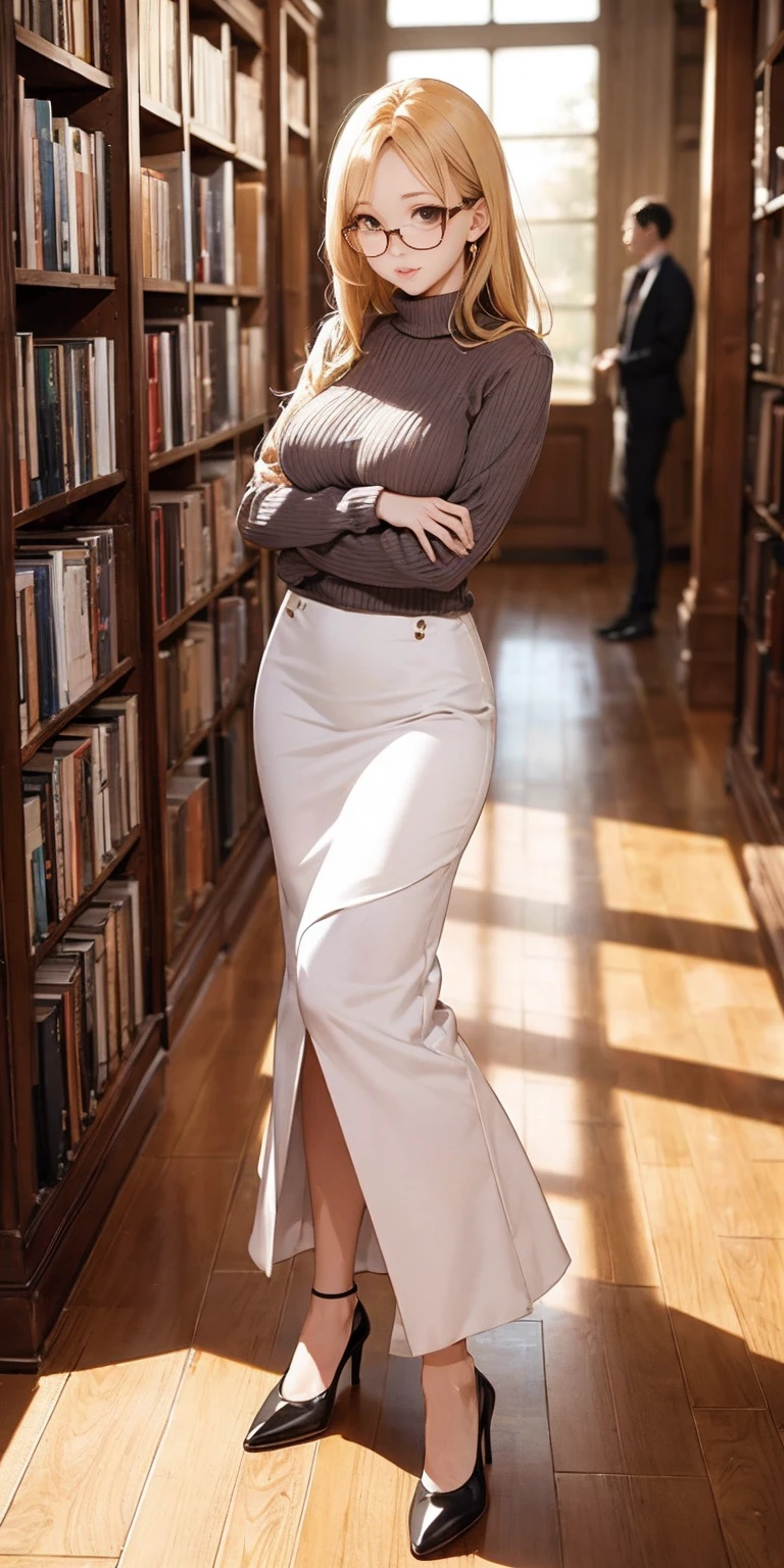 full-body close-up, create an elegant atmosphere, (masterpiece),(best quality), glasses, chakumomi, pov hand, breast grab, (embarrassed),sweater, in library, standing on wood floor