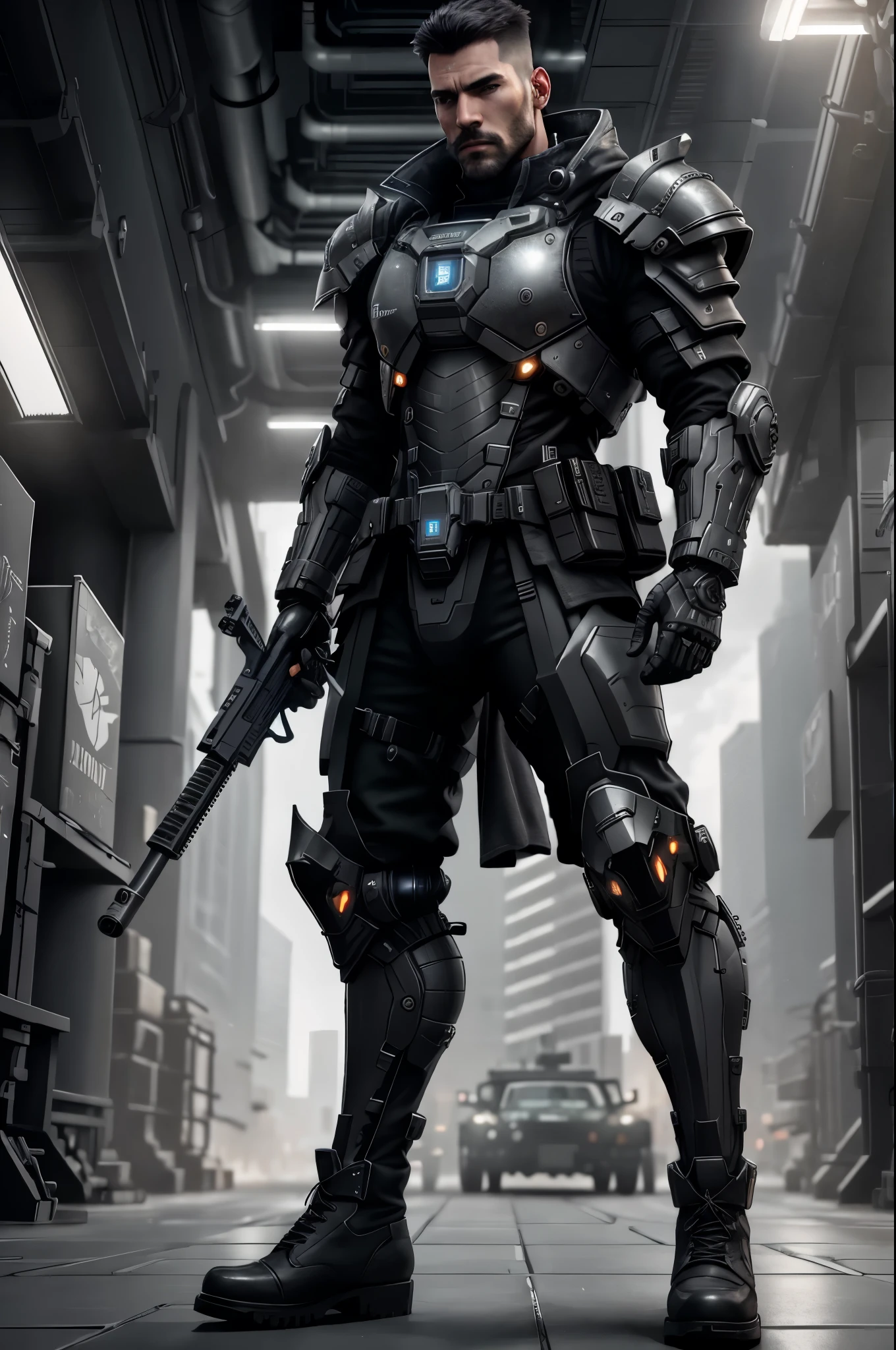 (Best Quality, 8K, Masterpiece, Ultra HD: 1.3, Ultra quality cinematic lighting, Huge detail, Well lit, 35mm, sharp, hyper realistic, epic scale, insane level of details), 1man, a futuristic-looking male military commander (looking to the camera), photo of large (Latino men) with very short black hair, very detailed realistic face, very detailed realistic eyes, (((face lit well))), face focus, (no helmet:1.5), wearing a pair of (iron grey gloves) and (black military boots), dressed in (grey armor without helmet), standing in cyberpunk city, holding sniper rifle
