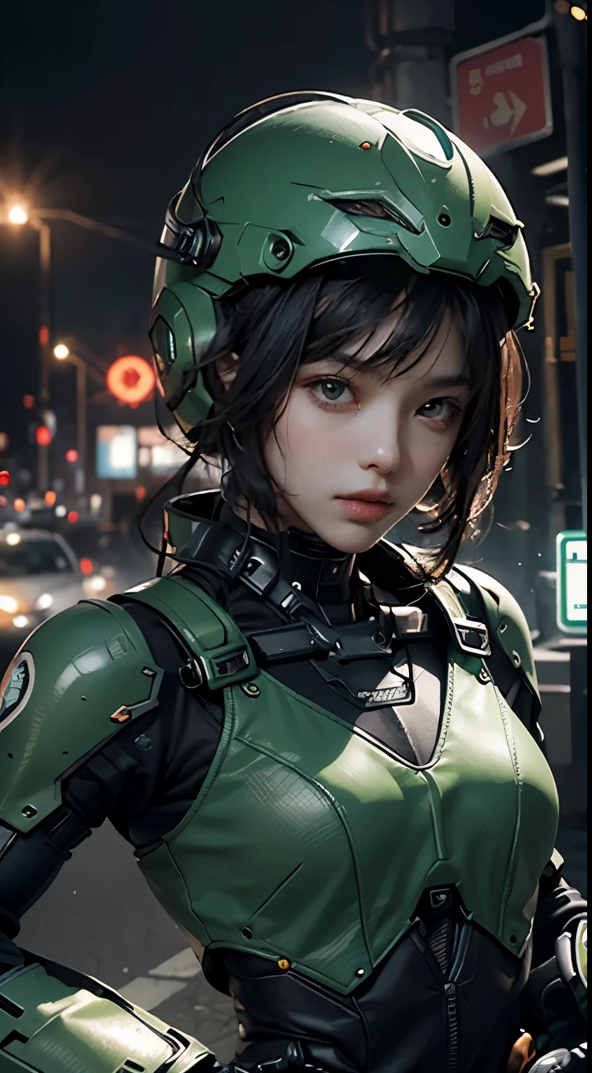 Highest image quality, Excellent details, ultra high resolution, (Reality: 1.4), best illustrations, Offer details, Highly concentrated 1girl, Has a delicate and beautiful face, Dressed in black and green mechs, wearing a mech helmet, holding direction, riding a motorcycle, Background futuristic city high tech lighting scene.