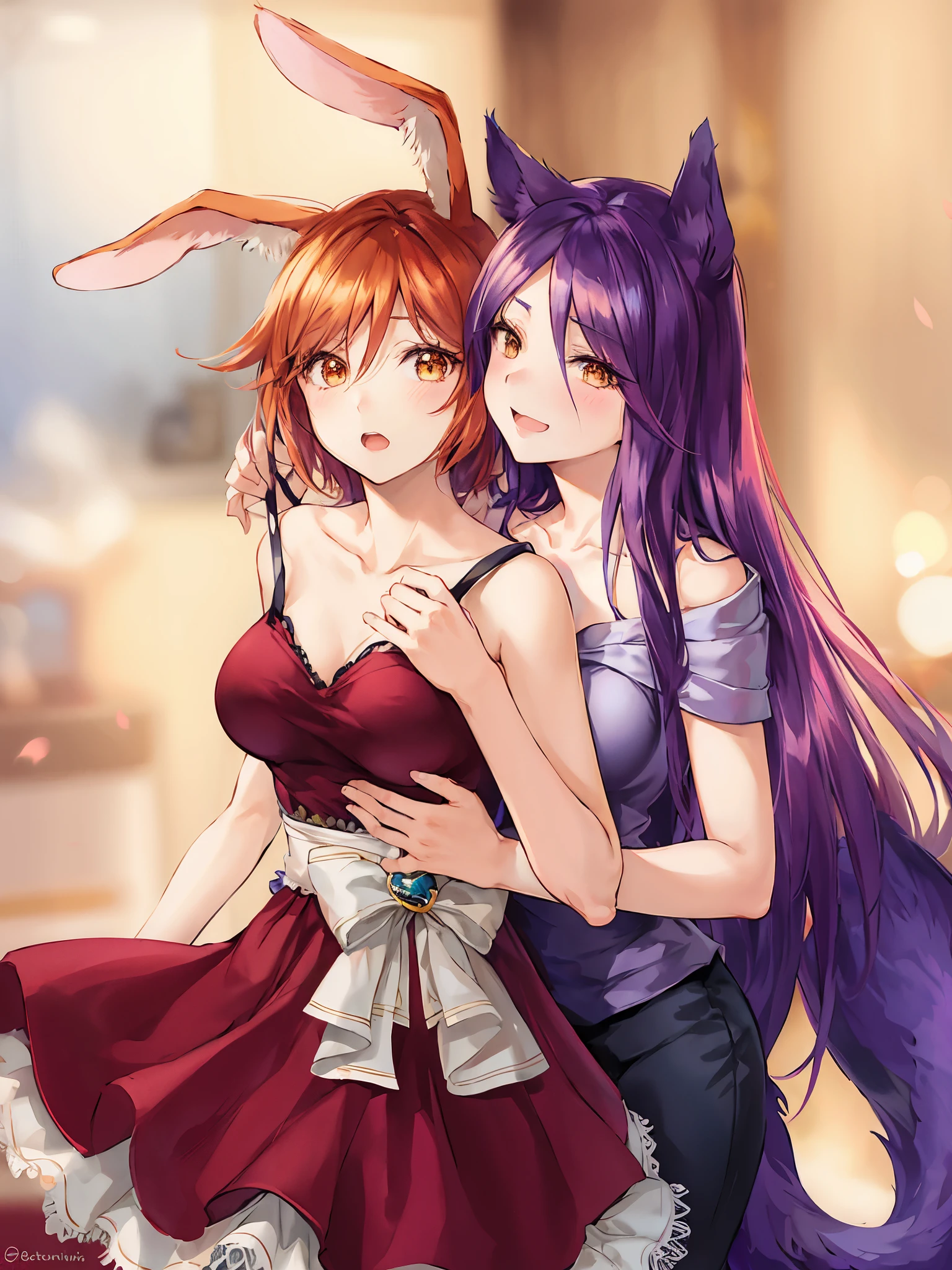 anime characters dressed in bunny ears and hugging dresses, two beautiful garotas de anime, estilo de anime ecchi, nixeu e sakimichan, Ahri, estilo de arte de anime realista, no estilo anime, garotas de anime, epic anime style, com orelhas de coelho, arte digital de anime!!, anime em estilo fantasia, commission for high resolution, com grandes orelhas de coelho