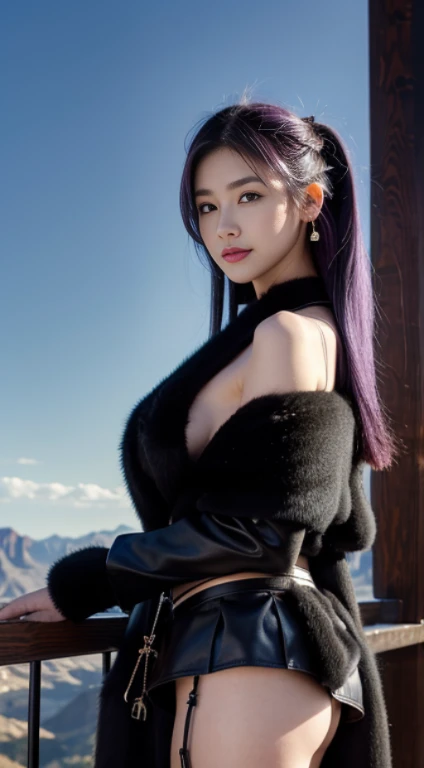 works of masters,27 years old、higher quality,advanced details,ultra high resolution,8K resolution,depth of one person'View of the world'perspective,the only person,woman,parents,thick eyebrows,No expression,purple hair big breasts,white long hair,hoop earring angle,ear studs,choker necklace,iron thorn,leather skirt,fur shawl,Combat to launch viewer,evening,cloudy,meteor,plateau,canyon,cinematic lighting,volume light,law of twilight,low brightness sunlight、shot from the side、(whole body whole body:1.3)、歯を見せるsmile、smile、
