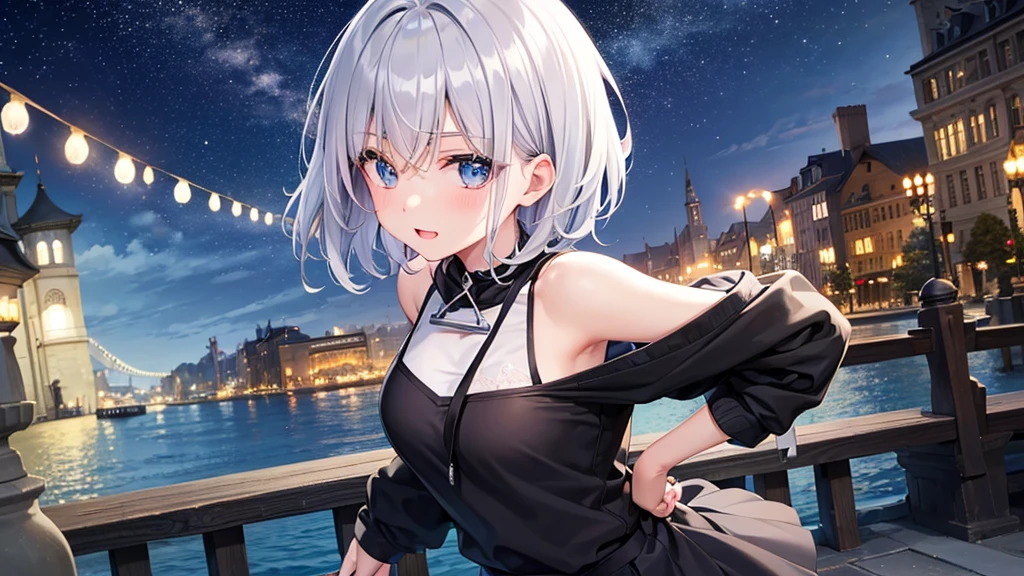 super high quality,look at the audience, place your hands behind your back, with a girl, 20-year-old, とてもshort hair, long bangs between the eyes, pale blue eyes, hoodie, skirt , very detailed,(masterpiece、highest quality)、alone、gray hair、laughter、White skin as clear as snow、fantasy, silver hair, black eye, beautiful eyes,, ecstasy, attractive, be smitten with audience, hoodie, 白いhoodie,黒いskirt,short hair,fantastic scenery,night、seaside、starry skies