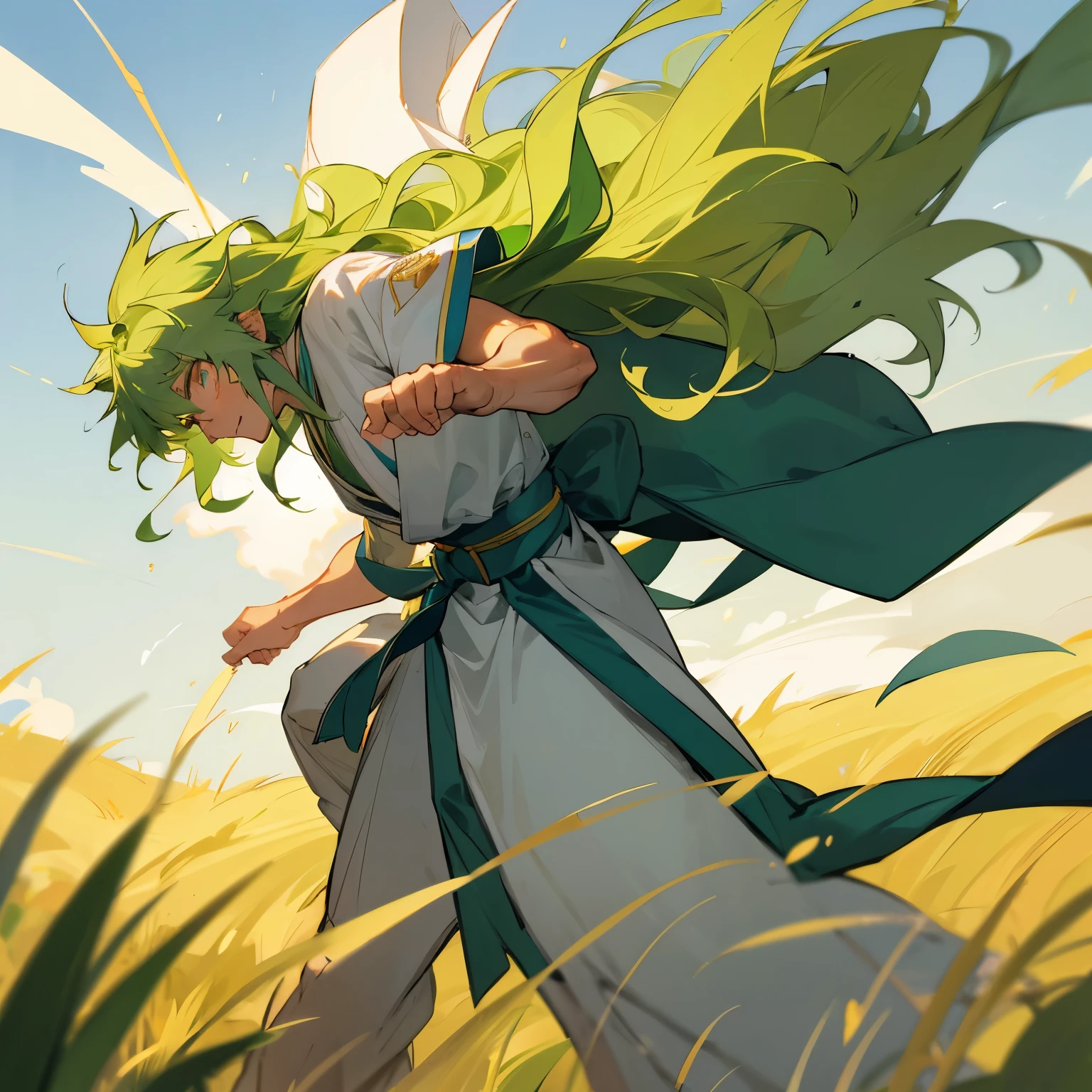 Light Green Hair , Golden Eyes , White Robes , Blue Sash belt , martial arts clothing, Long Hair , Wavy Hair , Muscular , Sunny Grassy Planes background , Adult Male , Gon Hair , Old male