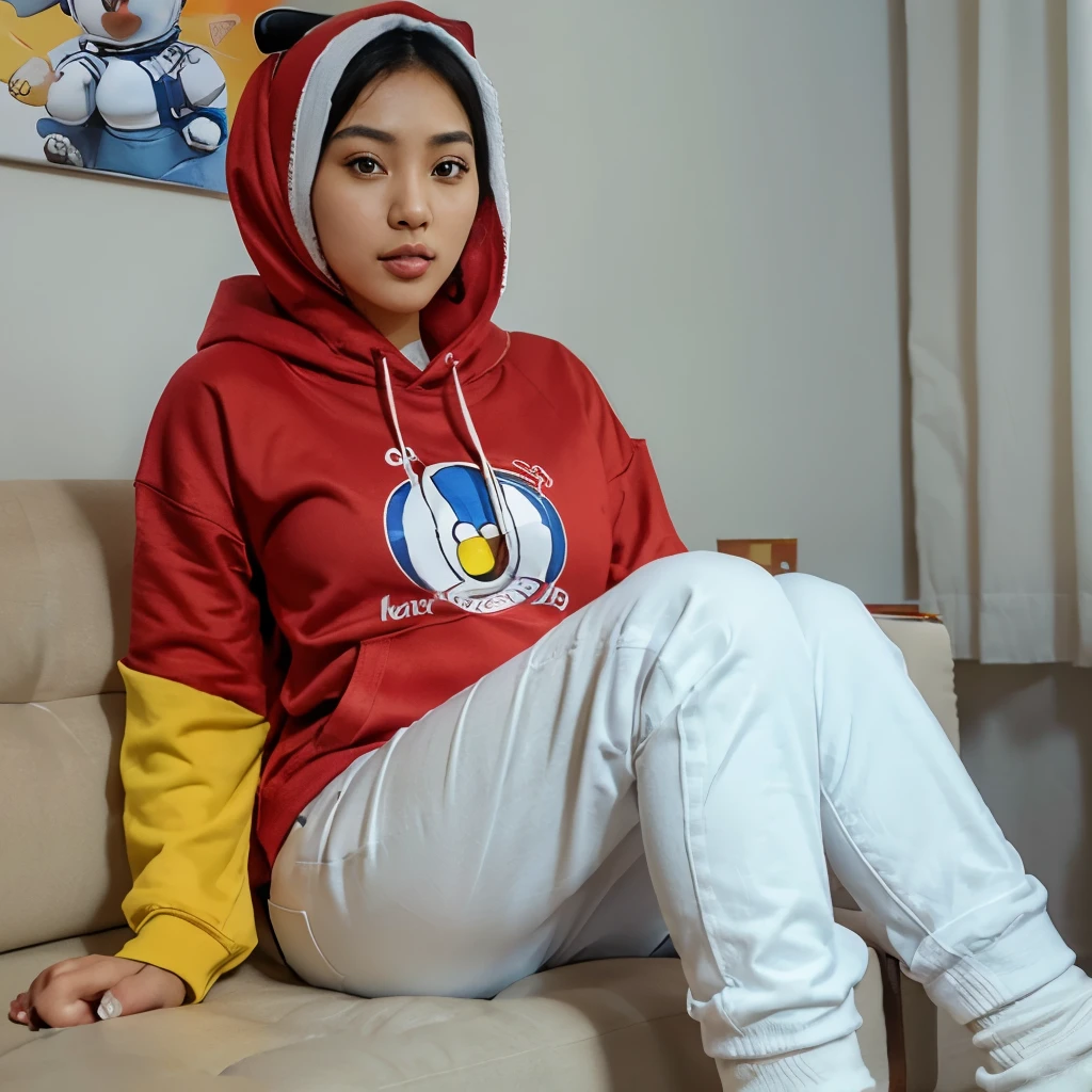 3d caricature realistic big face , beautiful muslimah Asian woman, wearing red long hijab, wearing yellow,DORAEMON hoodie, white jeans,blue converse shoes ,white socks, sitting on brown sofa, TV, blue DORAEMON wall art, Big Doraemon stuff animal on her arm, space background blue guest DORAEMON decorative.